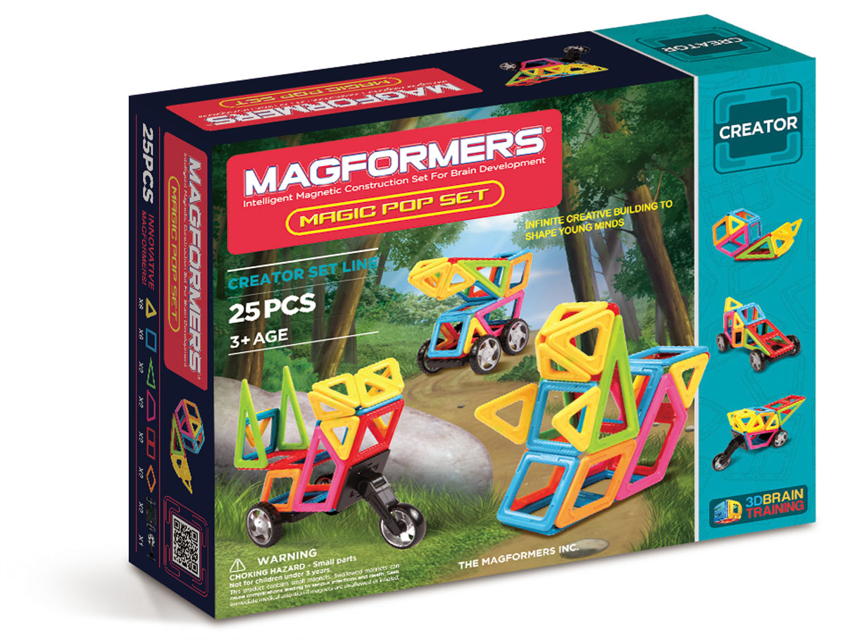 Magformers Магнитный конструктор 63130 Magic Pop63130 Magformers Магнитный конструктор 63130 Magic Pop63130Набор содержит 22 магнитных элемента 6 различных геометрических форм ярких цветов, самый популярный аксессуар колеса и новый дополнительный элемент колесо мотоцикла.Набор Magformers Magic Pop Set содержит 25 элементов:треугольник 8 шт, равнобедренный треугольник 2 шт, квадрат 6 шт, прямоугольник 2 шт, ромб 2 шт, трапеция 2 шт, пара колес 2 шт, мотоциклетное колесо 1 шт.