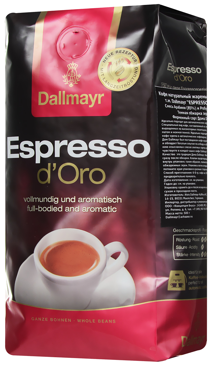 Dallmayr Esspresso dOro кофе в зернах, 500 г546500000 Dallmayr Esspresso dOro кофе в зернах, 500 г546500000Dallmayr Esspresso dOro - тонкая изысканная композиция зерен с лучших высокогорных плантаций мира. Обладает неповторимым ароматом и нежной пенкой.