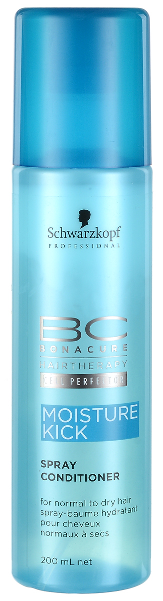 Bonacure Кондиционер-спрей Интенсивное Увлажнение Moisture Kick Spray-Conditioner 200 мл1800424 Bonacure Кондиционер-спрей Интенсивное Увлажнение Moisture Kick Spray-Conditioner 200 мл1800424Мгновенно увлажняющий легкий двухфазный спрей кондиционер для нормальных, сухих, ломких или вьющихся волос. Во время встряхивания флакона кремовая и водная фазы смешиваются, образуя легкую эмульсию, которая наносится на волосы тонким слоем, увлажняет и не перегружает. Распутывает волосы и улучшает расчесывание, разглаживает поверхность и придает здоровый блеск. Рекомендуется использовать в комплексе с шампунем BC Moisture Kick.