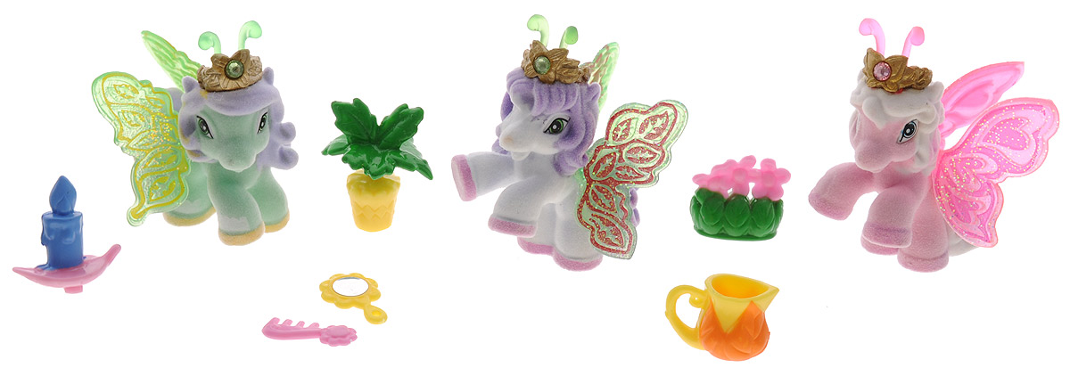 Filly Игровой набор Filly Бабочки с блестками цвет зеленый розовый белыйM770139-3850_зеленый, розовый, белый Filly Игровой набор Filly Бабочки с блестками цвет зеленый розовый белыйM770139-3850_зеленый, розовый, белыйИгровой набор Filly Бабочки с блестками придется по вкусу вашей дочурке, ведь все девочки обожают волшебных лошадок Filly! Набор включает в себя 3 фигурки очаровательных крылатых лошадок-бабочек и 6 ярких аксессуаров. Также в набор входят 3 карточки героев. Фигурки выполнены из прочного пластика и покрыта мягким флоком. У лошадки есть яркие полупрозрачные крылья, оформленные множеством сверкающих блесток. На крылышках каждой лошадки-бабочки изображен герб семейства, к которому они принадлежат. Лошадки-бабочки Filly живут в прекрасном саду посреди волшебного леса Папиллия. Помимо крылышек бабочки, от обычных лошадок Филли отличаются также небольшими антеннами и короной со сверкающим кристаллом Swarovski на голове. Ваша дочурка с удовольствием будет играть с этим набором и устраивать настоящие волшебные приключения в мире лошадок-бабочек Filly. Фигурки очаровательных лошадок станут любимыми игрушками вашей малышки и займут достойное место в ее личной коллекции.