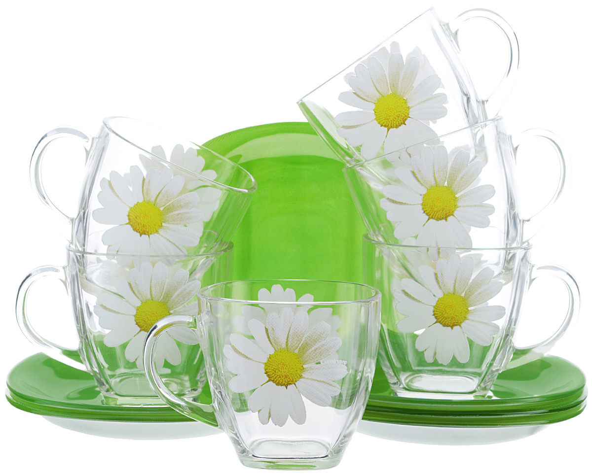 Набор чайный Luminarc Paquerette Green, 12 предметовG1988 Набор чайный Luminarc Paquerette Green, 12 предметовG1988Чайный набор Luminarc Paquerette Greenсостоит из шести чашек и шести блюдец. Предметы набора изготовлены из высококачественного стекла, которые обладают высокой степенью прочности, устойчивостью к царапинам и резким перепадам температур. Прозрачные чашки украшены цветочным принтом и дополнены блюдцами цвета сочной весенней травы. Чайный набор яркого и лаконичного дизайна, украсит интерьер кухни и сделает ежедневное чаепитие настоящим праздником. Можно использовать в микроволновой печи, и мыть в посудомоечной машине. Объем чашек: 220 мл. Размер чашек: 7,2 см х 7 см. Высота чашек: 7 см. Размер блюдец: 13,3 см х 13,3 см.