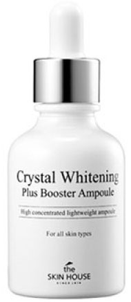 THE SKIN HOUSE Концентрированная ампульная сыворотка CRYSTAL WHITENING, 30 мл821114 THE SKIN HOUSE Концентрированная ампульная сыворотка CRYSTAL WHITENING, 30 мл821114Концентрированная ампульная сыворотка «Кристал Уайт» 30мл Высококонцентрированная сыворотка предназначена для осветления пигментных пятен, пост-акне и потемнения других типов. Эффективно выравнивает и осветляет общий тон кожи, делая ее визуально ярче и чище. Быстро впитывается, увлажняет и питает кожу. Интенсивно отбеливающая сыворотка на основе арбутина делает кожу чистой, светлой и яркой. Высокая концентрация веществ в сыворотке позволяет ей справляться с застойными пятнами различной этимологии. Быстро питает и увлажняет кожу, поддерживая водный баланс на оптимальном уровне. Постепенно помогает устранить пигментацию, препятствуя выработки меланина в глубоких слоях кожи. Регулирует кожно-жировой баланс, придает коже здоровый вид и наполняет её энергией.