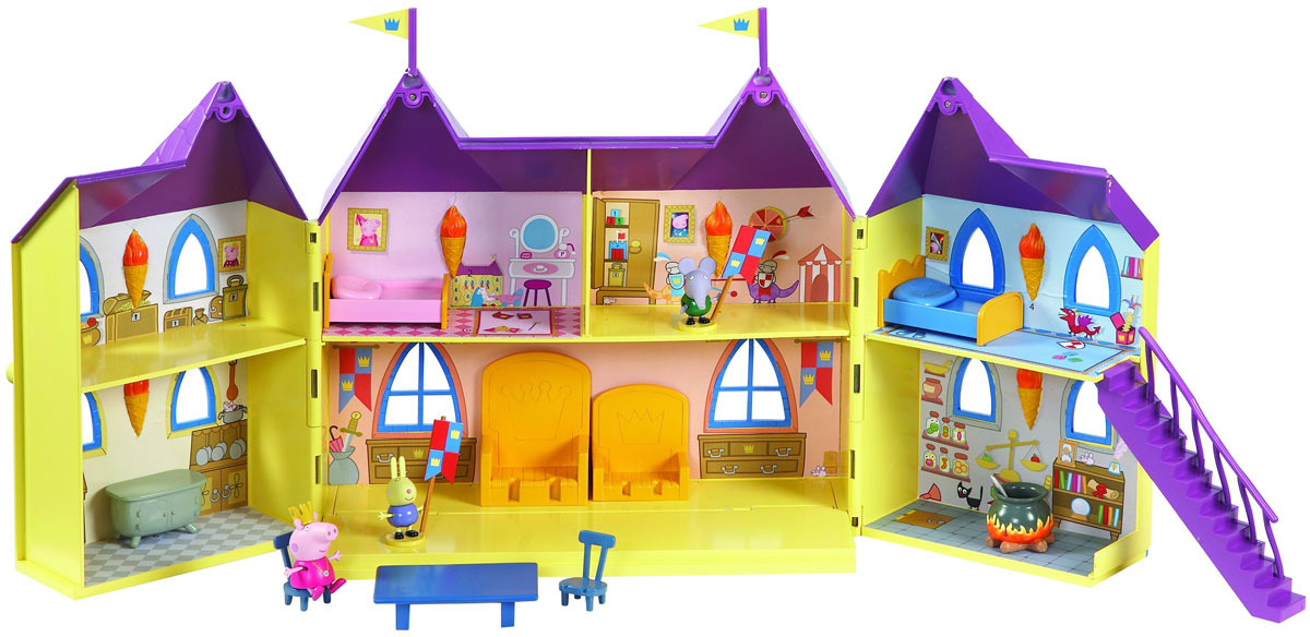 Peppa Pig Игровой набор Замок Пеппы29702 Peppa Pig Игровой набор Замок Пеппы29702Каждая девочка мечтает оказаться настоящей принцессой, носить пышные великолепные платья и жить в настоящем сказочном замке. Свинка Пеппа не исключение! И свинка обзавелась таким замком. Великолепный раскладной двухэтажный замок со всеми почестями встретит королевских особ в тронном зале, у королевских семей есть сокровища, а значит и в замке найдется сокровищница, а так как это сказочный мир, значит и место для волшебства здесь найдется, в комплекте вы найдете котел, в котором варятся колдовские зелья. В замке два этажа. Первый этаж состоит из тронного зала, кухни и помещения для варки зелий. На втором этаже находятся две спальни, гардеробная, сокровищница. Замок складной, что очень удобно при хранении. Весь замок декорирован яркими наклейками, что создает уникальный дизайн замка, фасад замка украшен объемными камнями и растениями в набор входят две фигурки - Пеппа и стражник. У фигурки Пеппы снимается корона. У них активные конечности, они могут сидеть и стоять.