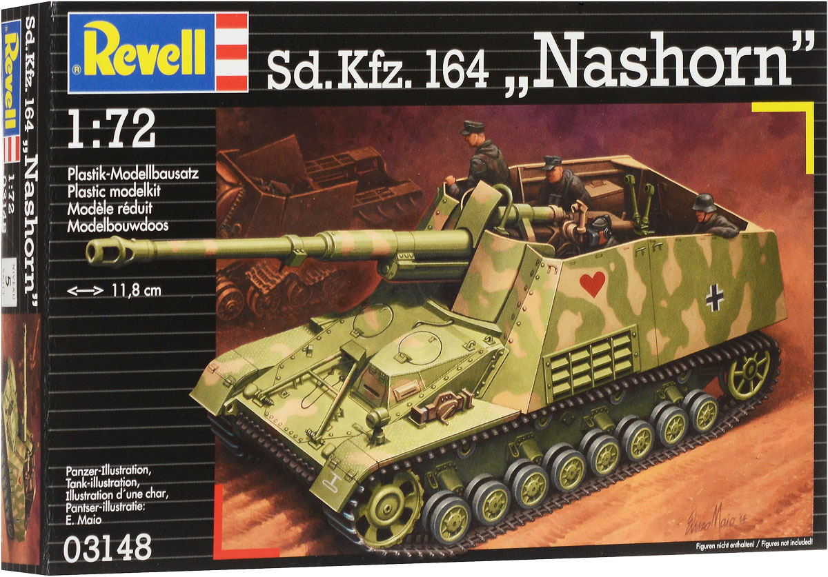 Revell Сборная модель Самоходная артиллерийская установка Sd Kfz 164 Nashorn03148R Revell Сборная модель Самоходная артиллерийская установка Sd Kfz 164 Nashorn03148RСборная модель Revell Самоходная артиллерийская установка Sd.Kfz. 164 Nashorn поможет вам и вашему ребенку придумать увлекательное занятие на долгое время. Набор включает в себя 184 пластиковых элемента, из которых можно собрать достоверную уменьшенную копию немецкой САУ времен Второй мировой войны. Данная самоходная артиллерийская установка создавалась для борьбы с тяжелыми советскими танками. Всего с весны 1943 года было выпущено чуть менее 500 экземпляров. К существенным недостаткам машины относили ее бронирование, которое защищало экипаж только от стрелкового оружия. Сильной же стороной являлось орудие - 88-мм пушка, которая могла успешно поражать любой из танков, состоявших на вооружении союзников. Уровень сложности: 5. В комплект также входит лист с наклейками и схематичная инструкция. Длина собранной модели - 11,8 см. Модель не раскрашена, для сборки модели необходим клей (краски и клей продаются отдельно).