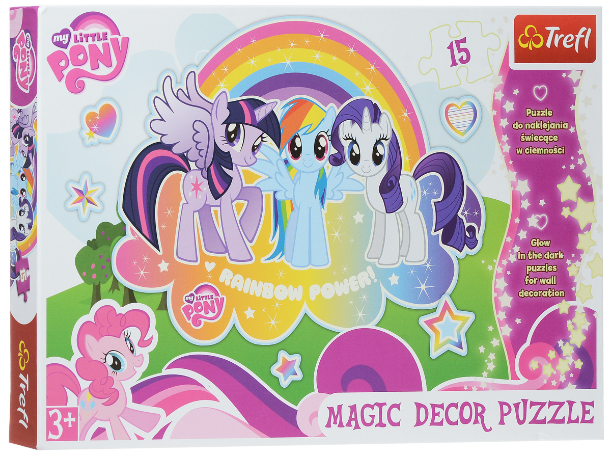Trefl Пазл Мои маленькие пони14605 Trefl Пазл Мои маленькие пони14605My Little Pony - завоевали сердца детишек своей необыкновенной красотой, а потрясающий мультсериал вдохновил изготовителей пазлов Trefl на создание необыкновенной игры, развивающей логические навыки, внимательность и усидчивость. В наборе имеется 15 прочных элементов с крепкой сцепкой, а также рамку с дополнительными элементами для декорирования. Все что вам нужно - собрать картинку, отделить внешнюю часть пленки, наклеить изображение на стену, предмет мебели или стекло и выключить свет! Симпатичные лошадки будут светиться в темноте, охраняя сон вашего малыша. Будьте внимательны, тонкие и непрочные отделочные материалы могут быть повреждены при удалении наклейки! Собирание пазла развивает у ребенка мелкую моторику рук, тренирует наблюдательность, логическое мышление, знакомит с окружающим миром, с цветом и разнообразными формами, учит усидчивости и терпению, аккуратности и вниманию.