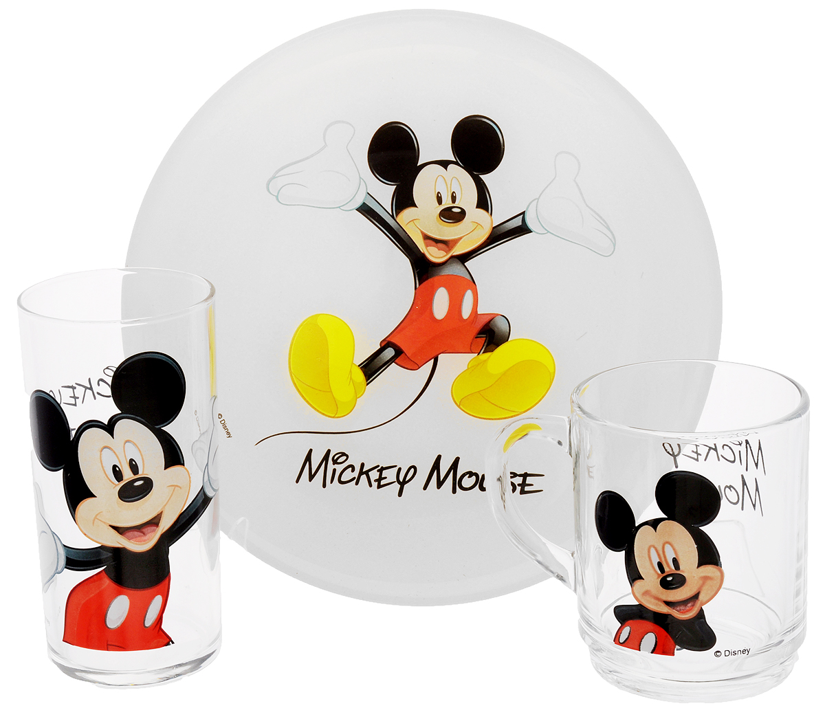 Luminarc Набор детской посуды Mickey Colors 3 предметаH5320 Luminarc Набор детской посуды Mickey Colors 3 предметаH5320Набор Luminarc Mickey Colors состоит из кружки, тарелки и стакана, изготовленных из ударопрочного стекла. Предметы набора оформлены изображением Микки Мауса. Такой набор привлечет внимание вашего ребенка и не позволит ему скучать. Яркий дизайн посуды превратит прием пищи ребенка в увлекательное занятие. Предметы набора можно мыть в посудомоечной машине и использовать в микроволновой печи. Объем кружки: 250 мл. Диаметр кружки по верхнему краю: 7 см. Высота кружки: 9 см. Объем стакана: 270 мл. Диаметр стакана по верхнему краю: 6 см. Высота стакана: 12 см. Диаметр тарелки: 20 см.