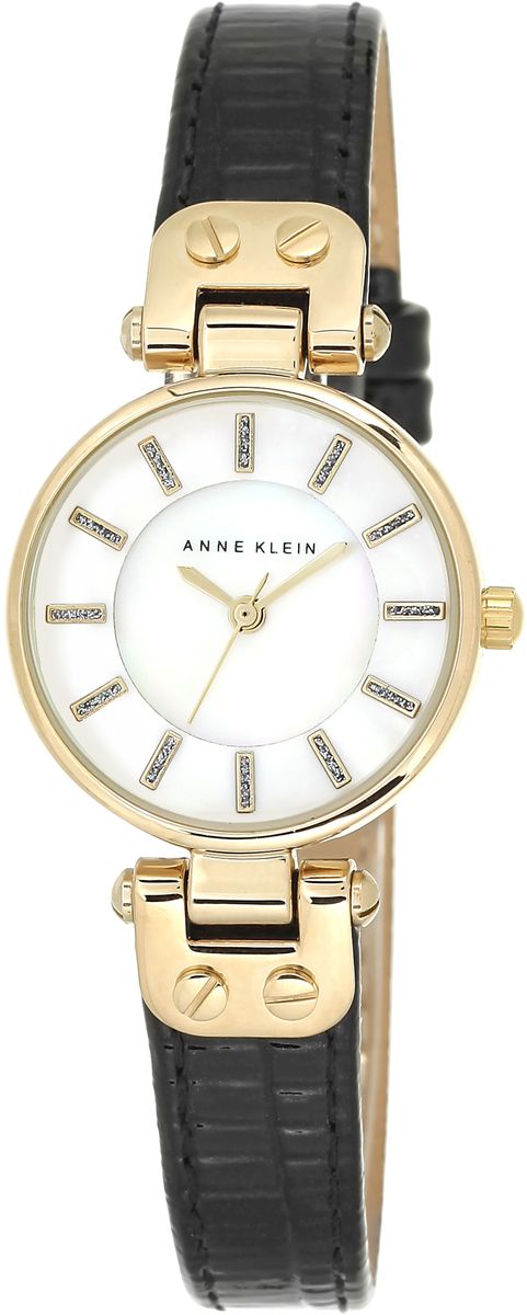 Наручные часы женские Anne Klein, цвет: белый, черный, золотой. 1950MPBK1950MPBK Наручные часы женские Anne Klein, цвет: белый, черный, золотой. 1950MPBK1950MPBKКорпус: металл, PVD покрытие, 26 мм, стекло: минеральное, циферблат перламутровый, браслет: черный кожаный ремешок, механизм: кварцевый, водозащита: 3 АТМ