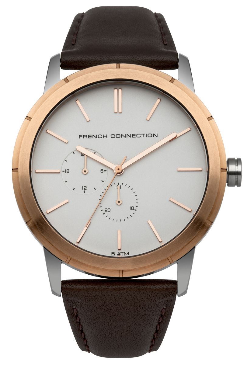 Часы наручные мужские French Connection , цвет: золотой, белый, коричневый. FC1261TRGFC1261TRG Часы наручные мужские French Connection , цвет: золотой, белый, коричневый. FC1261TRGFC1261TRGСтильные мужские часы French Connection, выполнены из нержавеющей стали, натуральной кожи и минерального стекла. Циферблат часов дополнен символикой бренда. Часы оснащены кварцевым механизмом, имеют степень влагозащиты равную 5 atm, а также дополнены устойчивым к царапинам минеральным стеклом и индикатором даты. Ремешок часов оснащен классической пряжкой, которая позволит с легкостью снимать и надевать изделие. Часы поставляются в фирменной упаковке. Часы French Connection подчеркнут отменное чувство стиля своего обладателя.