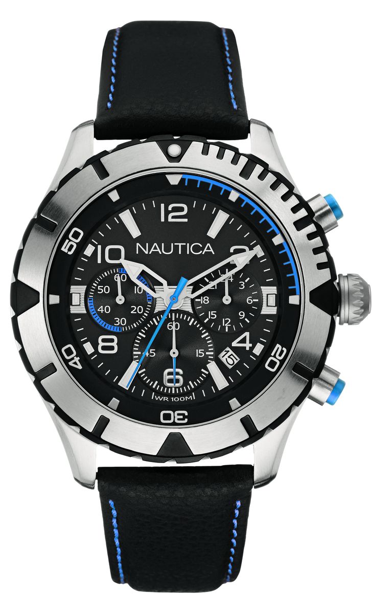 Часы наручные мужские Nautica, цвет: серебристый, черный, синий. NAI20503GNAI20503G Часы наручные мужские Nautica, цвет: серебристый, черный, синий. NAI20503GNAI20503GСтильные мужские часы Nautica, выполнены из нержавеющей стали, натуральной кожи и минерального стекла. Циферблат часов дополнен символикой бренда. Часы оснащены кварцевым механизмом, имеют степень влагозащиты равную 10 atm, а также дополнены: устойчивым к царапинам минеральным стеклом, хронографом, индикатором даты, секундомером, дополнительным 24-часовым циферблатом. Стрелки и циферблат дополнены светящимся составом. Ремешок часов оснащен классической пряжкой, которая позволит с легкостью снимать и надевать изделие. Часы поставляются в фирменной упаковке. Часы Nautica подчеркнут отменное чувство стиля своего обладателя.