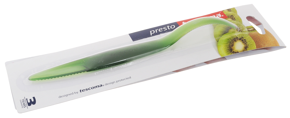 Нож для киви Tescoma Presto, цвет: зеленый, длина 20,5 см420617 Нож для киви Tescoma Presto, цвет: зеленый, длина 20,5 см420617Нож Tescoma Presto изготовлен из высококачественного пластика. Прекрасно подходит для легкой и быстрой очистки и нарезки киви. Имеет два лезвия: ровное и круглое. Ровным лезвием срежьте оба конца киви (около 5 мм), круглым лезвием отделите кожуру от мякоти и ровным лезвием очищенное киви нарежьте. Можно мыть в посудомоечной машине. Длина ножа: 20,5 см.