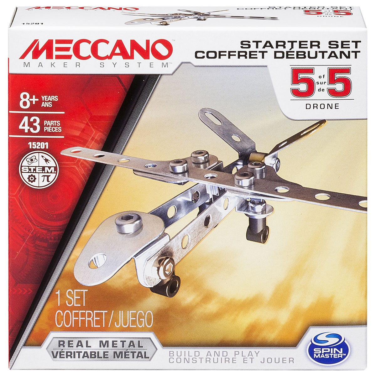 Meccano Конструктор Базовая модель 591783_20070930 Meccano Конструктор Базовая модель 591783_20070930Конструктор Meccano Базовая модель 5 позволит вашему ребенку весело и с пользой провести время. Базовые наборы созданы для ознакомления с принципами сборки конструкторов Meccano. Набор включает в себя 43 элемента из металла и пластика, с помощью которых можно собрать модель в виде дрона. В набор также входят все необходимые для сборки инструменты и схематичная инструкция. Конструктор Meccano Базовая модель 5 поможет ребенку развить мелкую моторику рук, координацию движений и усидчивость.