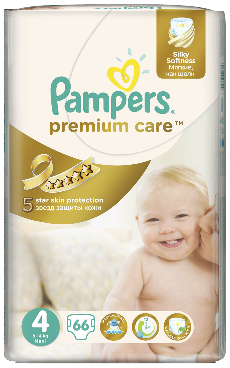 Pampers Подгузники Premium Care 8-14 кг (размер) 4 66 штPA-81494338 Pampers Подгузники Premium Care 8-14 кг (размер) 4 66 штPA-81494338Мягкость шелка для защиты кожи 5 звезд! Новые Pampers Premium Care - наши лучшие подгузники, которые обеспечивают защиту кожи 5 звезд, и дарят непревзойденную мягкость шелка. Это первые и единственные подгузники с впитывающими каналами, обеспечивающими до 12 часов сухости. Мягкие, как шелк: нежная ромбовидная текстура внутреннего слоя создает ощущение первоклассной мягкости и воздушности. Впитывающие каналы: уникальная технология впитывающего слоя – три впитывающих канала – помогают равномерно распределять влагу по поверхности подгузника, обеспечивая сухость до 12 часов. Дышащие материалы: благодаря особым микропорам внешний слой Pampers Premium Care обеспечивает естественную циркуляцию воздуха, снижая уровень испарений внутри подгузника, и, как следствие, уменьшая риск возникновения дерматита. Индикатор влаги: специальная полоска, которая меняет желтый цвет на синий, подсказывает, когда нужно сменить подгузник. ...
