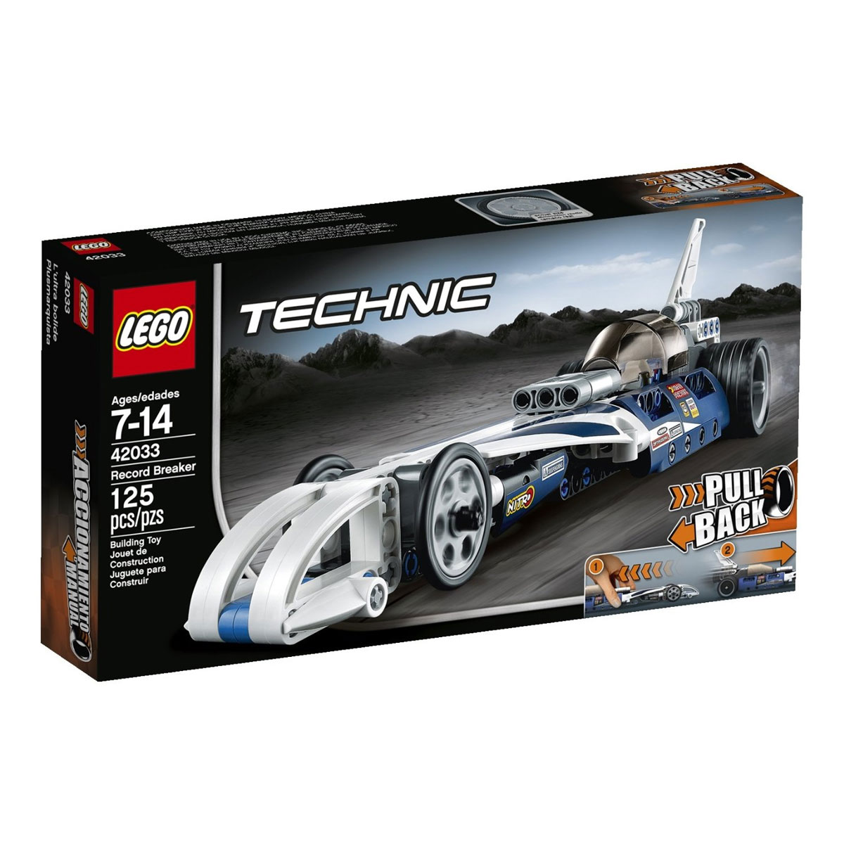 LEGO Technic Конструктор Рекордсмен 4203342033 LEGO Technic Конструктор Рекордсмен 4203342033Побейте рекорд скорости на земле на уникальном гоночном автомобиле из серии LEGO Technic! Его супер обтекаемый корпус выполнен из сине-белых деталей с добавлением наклеек и логотипов гонок. Низкая подвеска связана с двумя парами больших колёс. Передние колёса очень тонкие и маневренные, а задние - широкие, обеспечивающие максимальное сцепление с трассой. Кабина водителя прикрыта тонированным стеклом. В ней есть приборная панель, рычаги управления и место для одного гонщика. Перед кабиной расположен прямоугольный воздухозаборник, а сзади - огромная выхлопная труба и крыло. Благодаря инерционному двигателю, расположенному в моторном отсеке, драгстер может разгоняться до рекордных скоростей. Достаточно немного оттянуть корпус автомобиля назад и отпустить - он молниеносно пересечёт линию финиша. Конструктор - это один из самых увлекательнейших и веселых способов времяпрепровождения. Ребенок сможет часами играть с конструктором, придумывая различные ситуации и истории. В...