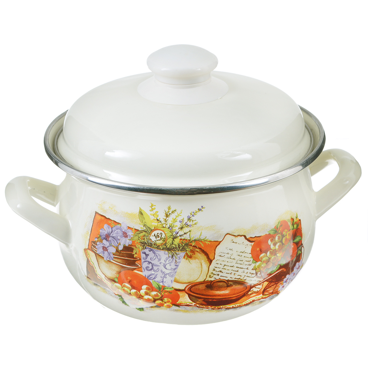 Кастрюля Enart Прованс с крышкой, 3.1 л0191 Кастрюля Enart Прованс с крышкой, 3.1 л0191Кастрюля Enart Прованс изготовлена из высококачественной стали с эмалированным покрытием. Эмаль обладает способностью выдерживать сильный нагрев, и обладает достаточной стойкостью выдерживать резкие перепады температуры без повреждений. Эмалевые поверхности непористые, непроницаемы для бактерий и большинства химических веществ, их очень легко мыть. Плотная структура таких поверхностей придает им антипригарные свойства. Внешние стенки оформлены яркой деколью с красочным изображением. Кастрюля оснащена крышкой из стали и эргономичными ручками. Крышка снабжена металлическим ободом и удобной пластиковой ручкой. Она плотно прилегает к краю кастрюли, сохраняя аромат блюд. Подходит для всех типов плит, включая индукционные. Можно мыть в посудомоечной машине. Диаметр кастрюли (по верхнему краю): 18 см. Ширина с учетом ручек: 25 см. Высота стенки: 11,5 см. Толщина стенки: 1,2 мм. Толщина дна: 4 мм. Диаметр...