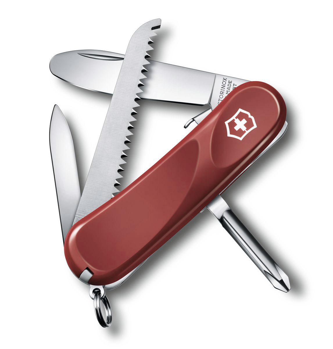 Нож перочинный Victorinox Junior, цвет: красный, 8 функций, 8,5 см2.4213.SKE Нож перочинный Victorinox Junior, цвет: красный, 8 функций, 8,5 см2.4213.SKEЛезвие перочинного складного ножа Victorinox Sentinel One Hand изготовлено из высококачественной нержавеющей стали. Ручка, выполненная из прочного пластика, обеспечивает надежный и удобный хват. Хорошее качество, надежный долговечный материал и эргономичная рукоятка - что может быть удобнее на природе или на пикнике! Функции ножа: Фиксирующееся лезвие с закругленным кончиком. Пилка для ногтей с инструментом по уходу за ногтями. Пила по дереву. Крестовая отвертка. Кольцо для ключей. Пинцет. Зубочистка. Длина ножа в сложенном виде: 8,5 см. Длина ножа в разложенном виде: 14,5 см.