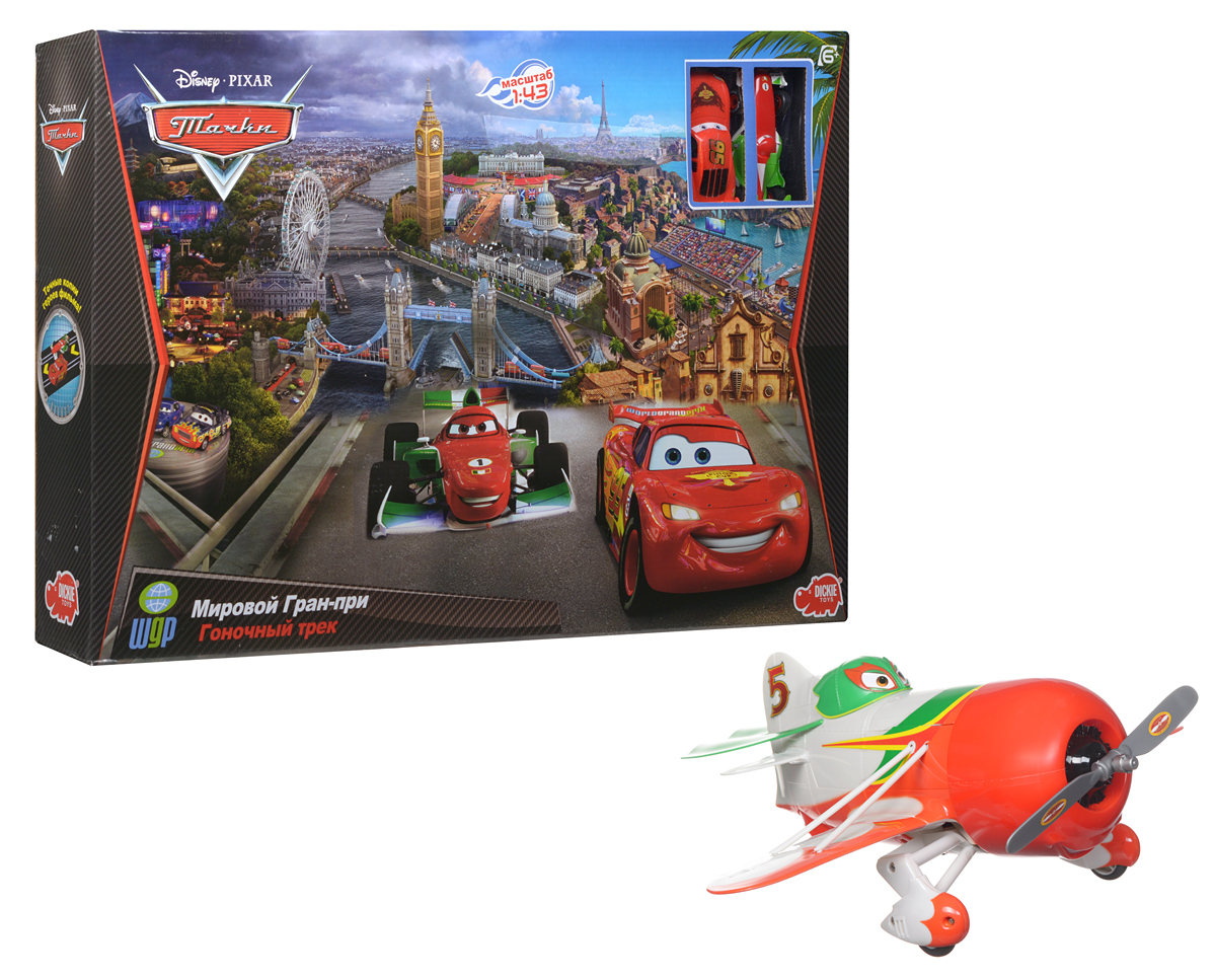 Dickie Toys Игрушечный трек Мировой Гран-при + Подарок Радиоуправляемый самолет Чупакабра3083078Р Dickie Toys Игрушечный трек Мировой Гран-при + Подарок Радиоуправляемый самолет Чупакабра3083078РАвтотрек Cars Мировой Гран-при создан по мотивам популярного мультфильма Тачки . Эта трасса интересна тем, что на ней присутствуют крутые повороты, мосты, подъемы и спуски. На треке будут соревноваться между собой любимые персонажи - Молния Маккуин и Франческо Бернулли. Набор включает две машинки, выполненные в виде героев мультфильма Тачки, два пульта управления, элементы для сборки автотрека и подробную инструкцию на русском языке. В комплекте с треком множество декораций и наклеек. В процессе игры ваш ребенок научится гоночному мастерству, приобретет уверенность в себе и лидерские качества. Длина трека - 6 метром, машинок - 10 см Работает от блока питания (входит в комплект). Радиоуправляемый самолет Чупакабра из мультфильма Planes станет отличным подарком для вашего малыша. Эль Чупакабра является одним из главных соперников самолетика Дасти, он просто одержим гонками и является настоящей легендой Мексики. Самолетик управляется...
