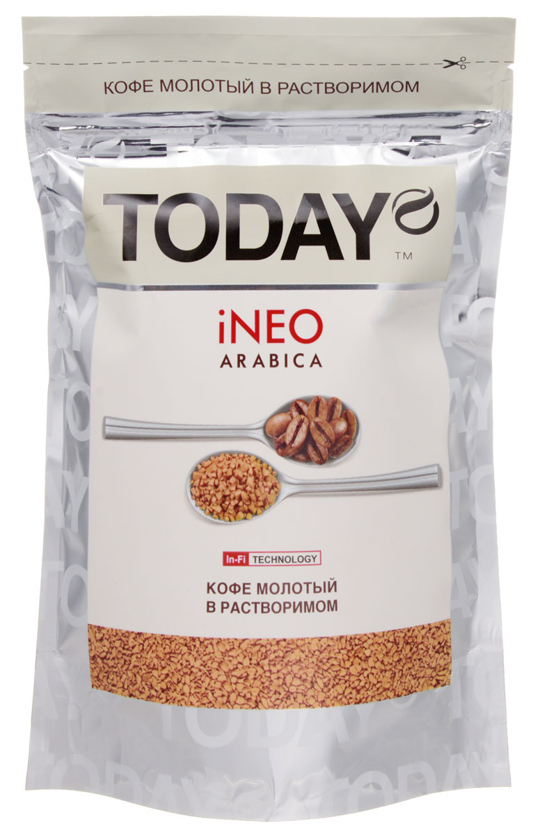Today Ineo кофе растворимый, 150 г5060300570219 Today Ineo кофе растворимый, 150 г5060300570219Для создания кофе Today Ineo использовались лишь отборные зерна средней обжарки. Молотый кофе внутри растворимого дарит аромат и вкус свежесваренного кофе. Данный кофе приготовлен из отборных зерен колумбийской арабики по уникальной технологии In-Fi, защищающей молотый кофе от окисления и позволяющей получить чашку натурального молотого кофе за несколько секунд. После употребления оставляет кофейную гущу, свидетельствующую о содержании молотого кофе.