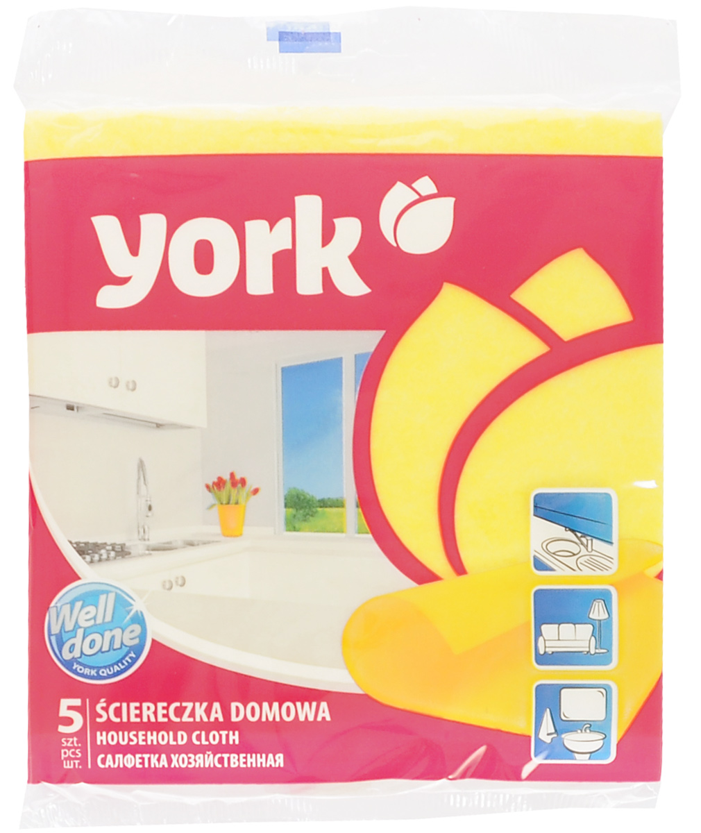 Салфетка хозяйственная York, цвет: желтый, 35 х 35 см, 5 шт2002_желтый Салфетка хозяйственная York, цвет: желтый, 35 х 35 см, 5 шт2002_желтыйУниверсальная салфетка York предназначена для мытья, протирания и полировки. Салфетка выполнена из вискозы с добавлением полипропиленового волокна, отличается высокой прочностью. Хорошо поглощает влагу, эффективно очищает поверхности и не оставляет ворсинок. Идеальна для ухода за столешницами и раковиной на кухне, за стеклом и зеркалами, деревянной мебелью. Может использоваться в сухом и влажном виде.
