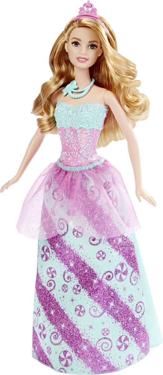 Barbie Кукла Конфетная ПринцессаDHM49_DHM54 Barbie Кукла Конфетная ПринцессаDHM49_DHM54Кукла Barbie Принцесса непременно обрадует вашу малышку. Куколка с длинными светлыми волосами одета в шикарный блестящий наряд, состоящий из пластикового топа и текстильной юбочки. У Принцессы конфетный рисунок на розово-бирюзовом лифе и юбке. Дополняют образ принцессы диадема и бирюзовые туфельки на каблуках. Головка, ручки и ножки Барби подвижны, что позволит придавать кукле различные позы, а длинные волосы куклы так интересно укладывать в разнообразные прически. Одежда и аксессуары подходят всем куклам-принцессам, русалкам и феям (продаются отдельно). Ваша малышка придет в восторг от такого подарка, и с удовольствием будет играть с куколкой, которая уже готова править своим королевством!