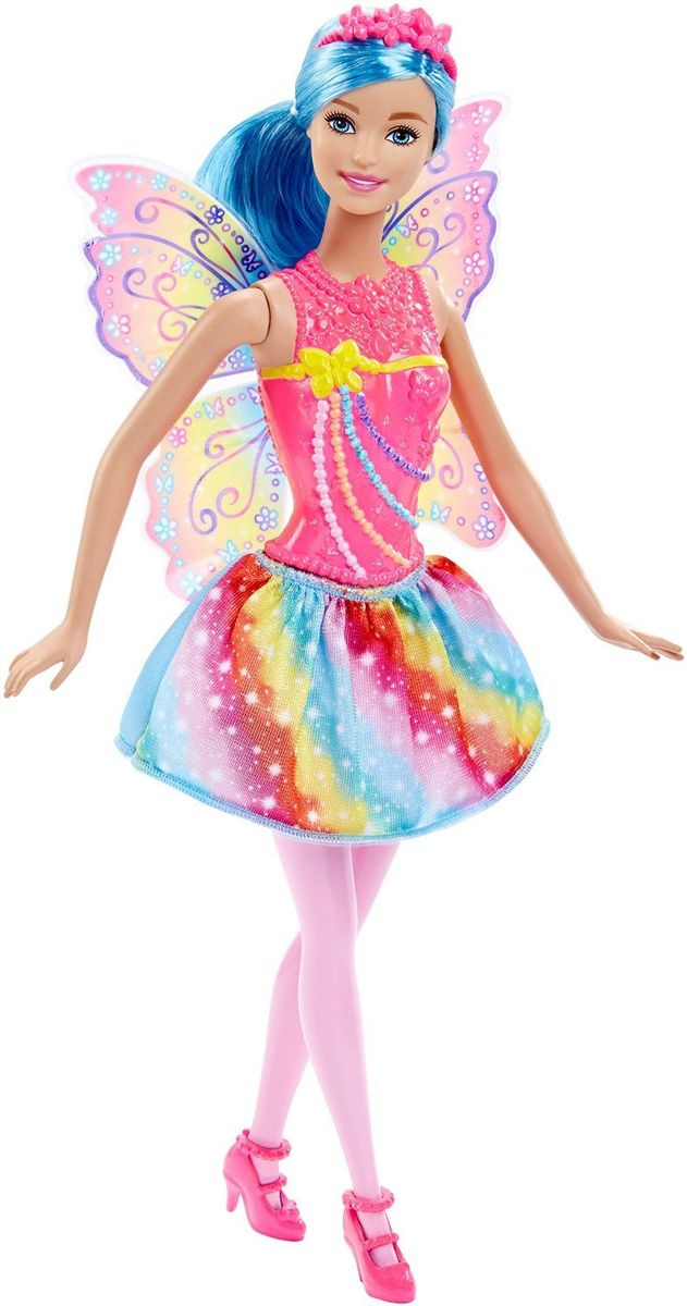 Barbie Кукла Радужная ФеяDHM50_DHM56 Barbie Кукла Радужная ФеяDHM50_DHM56Кукла Barbie Фея непременно обрадует вашу малышку. Куколка с длинными голубыми волосами одета в шикарный блестящий наряд, состоящий из пластикового топа и текстильной юбочки. У Феи разноцветные бусины на лифе и радужные полоски на юбке и крыльях. Дополняют образ феи ободок и коралловые туфельки на каблуках. Головка, ручки и ножки Барби подвижны, что позволит придавать кукле различные позы, а длинные волосы куклы так интересно укладывать в разнообразные прически. Одежда и аксессуары подходят всем куклам-принцессам, русалкам и феям (продаются отдельно). Ваша малышка придет в восторг от такого подарка, и с удовольствием будет играть с куколкой, которая готова унести ее в мир фантазий: ведь с Барби можно быть кем угодно!