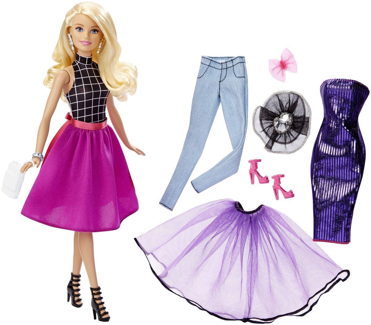 Barbie Кукла Подбирай наряды цвет одежды фиолетовый сиреневыйDJW57_DJW58 Barbie Кукла Подбирай наряды цвет одежды фиолетовый сиреневыйDJW57_DJW58Кукла Barbie Подбирай наряды (Fashion Mixn Match) - это бескрайние возможности для придумывания захватывающих историй! Всего несколько украшений позволяют создать больше 20 образов! На Барби надеты майка с принтом, юбка (она же накидка), туфли, браслет, клатч и серьги. Не нравится? Переоденьте ее! Имеется много дополнительной одежды, дневной и ночной, повседневной и парадной: джинсы, платье с блестками, легкие верхние юбки. У куклы на голове бант, кружевной воротник и запасная обувь. В наборе - кукла Барби и предметы одежды: двусторонняя маечка, юбка-накидка, легкая верхняя юбка, брюки, двустороннее платье, воротничок, бант, сумочка, две пары обуви и украшение (браслет или серьги). Ваша малышка придет в восторг от такого подарка, и с удовольствием будет играть с куколкой, которая готова унести ее в мир фантазий: ведь с Барби можно быть кем угодно!