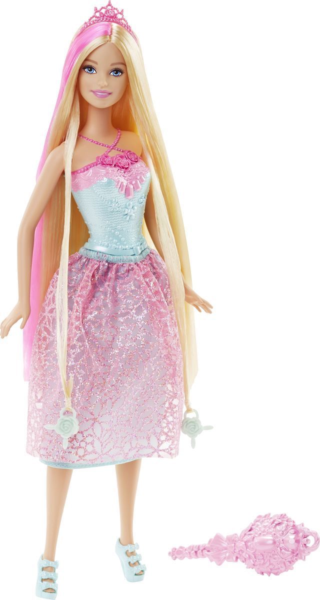 Barbie Кукла Принцесса с длинными волосами цвет одежды бирюзовый розовыйDKB56_DKB60 Barbie Кукла Принцесса с длинными волосами цвет одежды бирюзовый розовыйDKB56_DKB60Новая кукла Barbie Принцесса с длинными волосами очарует своими роскошными локонами! Дайте волю своей фантазии и уложите 20-сантиметровые разноцветные волосы принцессы Barbie в чудесные прически! К кукле прилагается расческа и диадема, а в ее волосы вплетены две бусинки, подходящие к парикмахерским инструментам Barbie из набора Barbie Snapn Style Princess Doll (продается отдельно). Инструмент захватывает бусинки, и юным стилистам остается лишь нажать на кнопку и завить волосы куклы. Почувствуй себя настоящим стилистом - это весело и просто! В набор входит кукла-принцесса Barbie с длинными волосами, две бусинки, расческа и диадема.