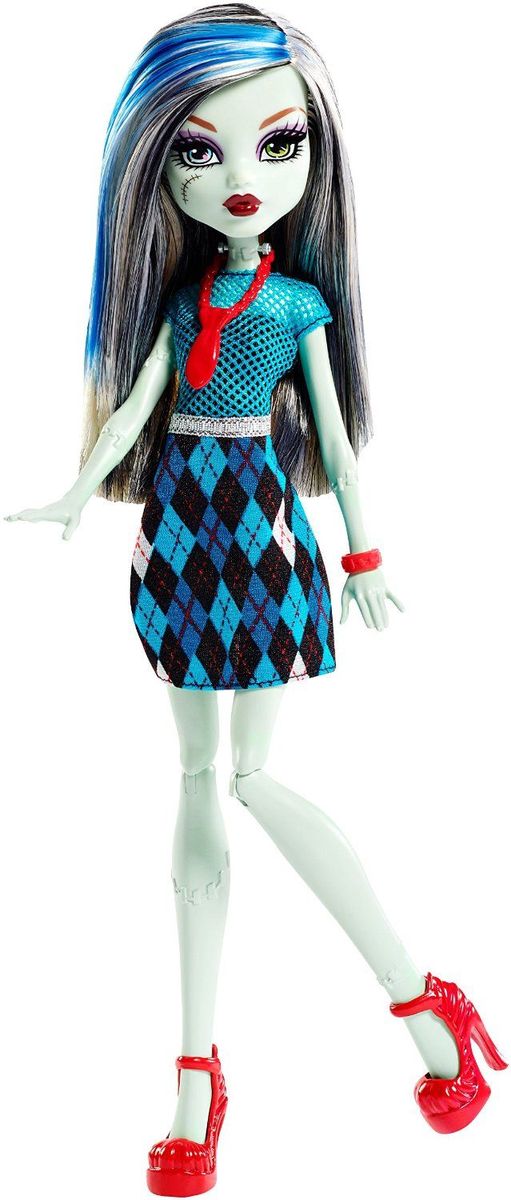 Monster High Кукла Френки ШтейнDKY17_DKY20 Monster High Кукла Френки ШтейнDKY17_DKY20Давно полюбившиеся нам ученицы Школы монстров не боятся быть чудовищами! Они модно приоделись и готовы к занятиям в своей жуткой школе - и к леденящим кровь приключениям за ее пределами. Одна из них - Френки Штейн. Кукла Monster High Френки Штейн одета в яркое синее платье с серебристым поясом и красным галстуком. На ногах элегантные красные туфли. Шикарные волосы куклы можно расчесывать. Вашему ребенку понравится воссоздавать сцены или разыгрывать с куклами сюжеты собственных историй. Руки и ноги куклы шарнирные, это позволяет придать разнообразные позы. Порадуйте поклонницу Монстер Хай удивительной новинкой в мире Школы Монстров, подарив ей эту замечательную куколку.