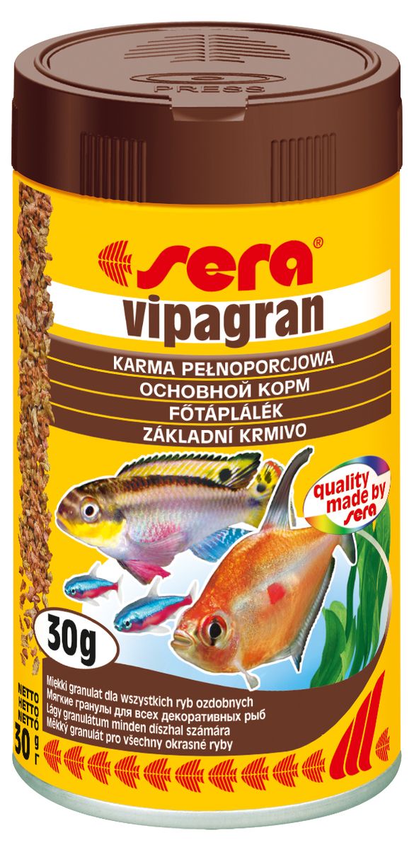 Sera Vipagran Корм для декоративных рыб, тонущие гранулы 100мл15971 Sera Vipagran Корм для декоративных рыб, тонущие гранулы 100мл15971Основной мягкогранулированный корм. sera випагран – идеальный гранулированный корм для рыб, которые предпочитают кормиться в средних слоях воды в аквариумах со смешанным сообществом. Сбалансированная смесь из более 40 видов растительного и животного сырья гарантирует здоровое питание в соответствии с естественными потребностями. Медленно погружающиеся гранулы быстро становятся мягкими, не теряя при этом своей консистенции.