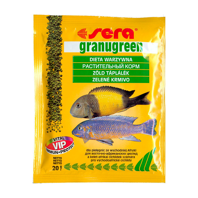 Sera Granugreen Корм для растительноядных цихлид, гранулы 20г15991 Sera Granugreen Корм для растительноядных цихлид, гранулы 20г15991Гранулированный корм для цихлид, усиливающий интенсивность окраса. Этот гранулированный корм имеет высокое процентное содержание высококачественных белков из водных организмов и поэтому предназначен для преимущественно хищных цихлид. При комбинировании с кормом sera гранугрин, грануред является интересным разнообразием также и для всеядных видов рыб. Вновь посаженные рыбы переходят на этот корм без проблем. Корм сохраняет свою форму и таким образом остается привлекательным для рыб и после погружения.