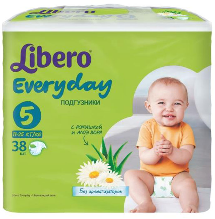 Libero Подгузники Everyday (11-25 кг) 38 шт5374 Libero Подгузники Everyday (11-25 кг) 38 шт5374Подгузники Libero Every Day с натуральным экстрактом ромашки заботятся о коже вашего крохи, оставляя ее сухой и здоровой. Натуральные компоненты ромашки не вызывают аллергии и оказывают смягчающее действие. Подгузники Libero Every Day создают комфортные условия для кожи малыша, поэтому их можно использовать во время длительных прогулок днем и ночью, чтобы обеспечить и ребенку и себе спокойный сон. Также у подгузников есть многоразовые застежки-липучки, которые не боятся ни крема, ни талька. Кроме того, подгузники Libero Every Day сделаны из нетканого материала с микроотверстиями для циркуляции воздуха, который позволяет коже малыша дышать. А превосходно впитывающий слой быстро впитывает жидкость и удерживает ее внутри, оставляя поверхность сухой. Эластичный поясок вокруг талии не стесняет движений ребенка и обеспечивает ему комфорт, а барьерчики по бокам и мягкие резиночки анатомической формы вокруг ножек надежно защищают от протеканий. Подгузники Libero Every Day позволяют...