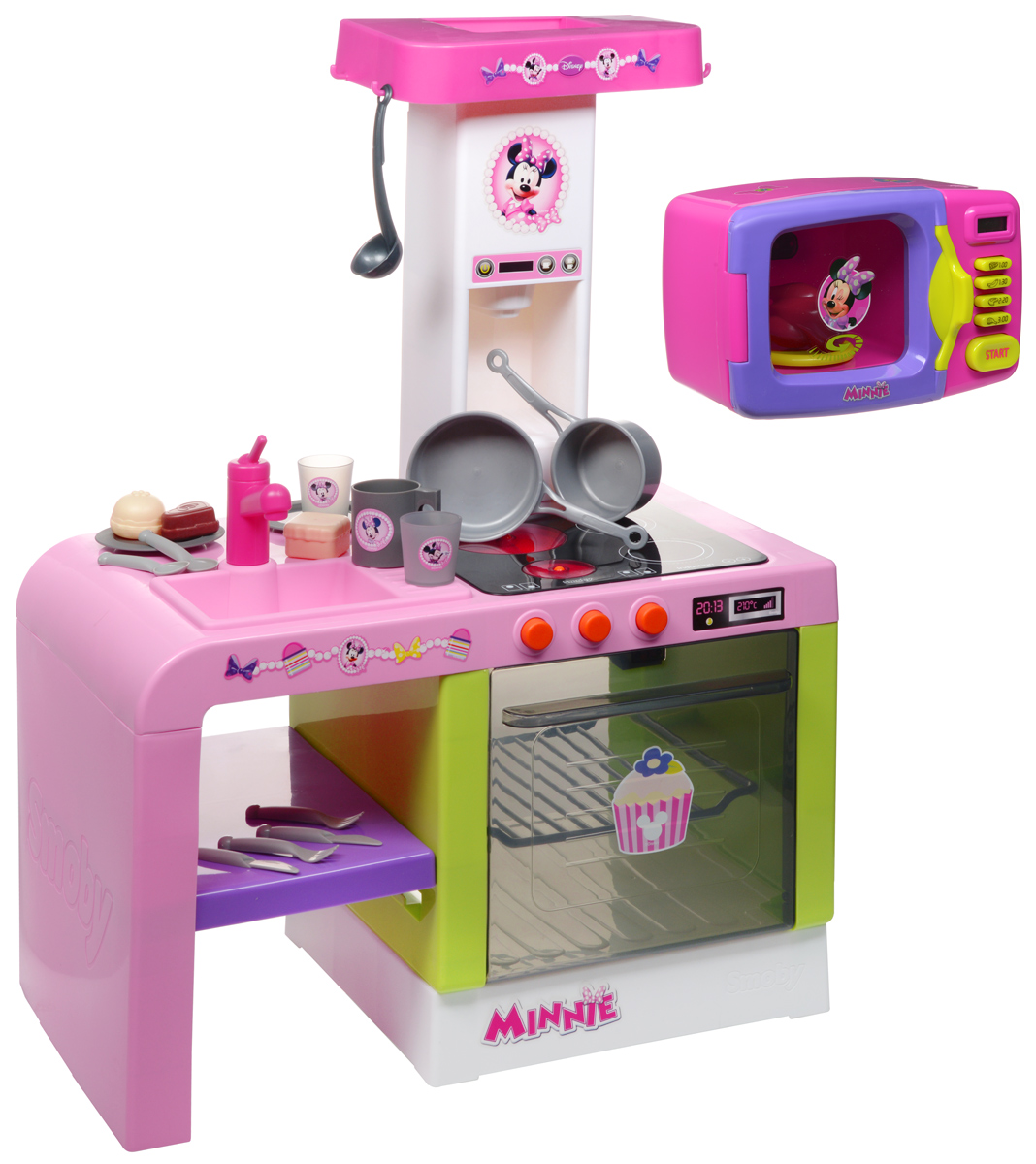 Smoby Кухня Cheftronic Minnie Mouse + Подарок Микроволновая печь Minnie Mouse24197Р Smoby Кухня Cheftronic Minnie Mouse + Подарок Микроволновая печь Minnie Mouse24197РКухня Cheftronic Minnie - это компактная кухня со многими электронными функциями. Благодаря своим эргономичным размерам, она нуждается в минимальном пространстве для размещения в детской. Все как в настоящей кухне - мойка с краном (без воды), духовой шкаф с подсветкой, варочная панель (звуки шипения и варения), кофеварка с реалистичными звуками, полочки для размещения продуктов - все это позволяет почувствовать себя настоящей хозяйкой на куне. В комплекте 21 аксессуар: тарелки, ложки, вилки, ножи, чашка, половник, кастрюльки, коробочки с полуфабрикатами, продукты. Высота кухни: 69 см. Необходимо докупить 3 батарейки напряжением 1,5V типа АА (не входят в комплект). C микроволновой печью Minnie Mouse ваша малышка сможет почувствовать себя настоящим кулинаром. Микроволновка выполнена из безопасного пластика розового и сиреневого цветов и снабжена четырьмя кнопками для приготовления блюд, дисплеем, показывающим время приготовления,...