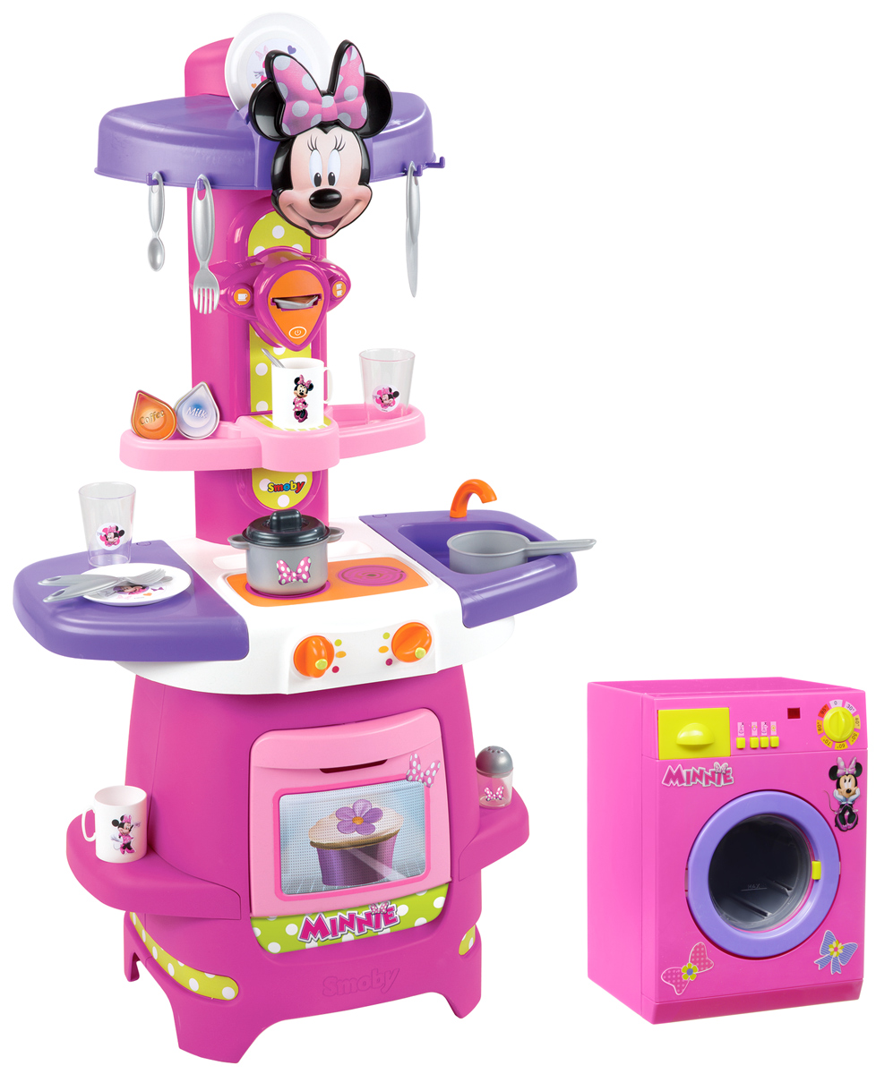 Smoby Игровая кухня Minnie Mouse + Подарок Стиральная машина Minnie Mouse24089Р Smoby Игровая кухня Minnie Mouse + Подарок Стиральная машина Minnie Mouse24089РИгровой набор Minnie Mouse - это компактная кухня со многими электронными функциями. Благодаря своим эргономичным размерам, она нуждается в минимальном пространстве для размещения в детской. Все как в настоящей кухне - мойка с краном (без воды), открывающийся духовой шкаф, варочная панель, кофемашина, полочки для размещения продуктов - все это позволяет почувствовать себя настоящей хозяйкой на куне. В комплекте 19 аксессуаров: кружки, тарелки и столовые приборы. Высота кухни: 85 см. Стиральная машина Minnie Mouse позволит вашей малышке почувствовать себя настоящей хозяйкой. Машинка выполнена из яркого безопасного пластика и оснащена звуковыми и световыми эффектами. На ее корпусе расположены 4 кнопки, лампочка и ручка, поворачивающаяся со звуком трещотки. Необходимо загрузить одежду в барабан машинки, налить воду в контейнер для порошка и выбрать нужный режим стирки. Нажатия кнопок сопровождают реалистичные звуки, имитирующие работу настоящей машинки,...
