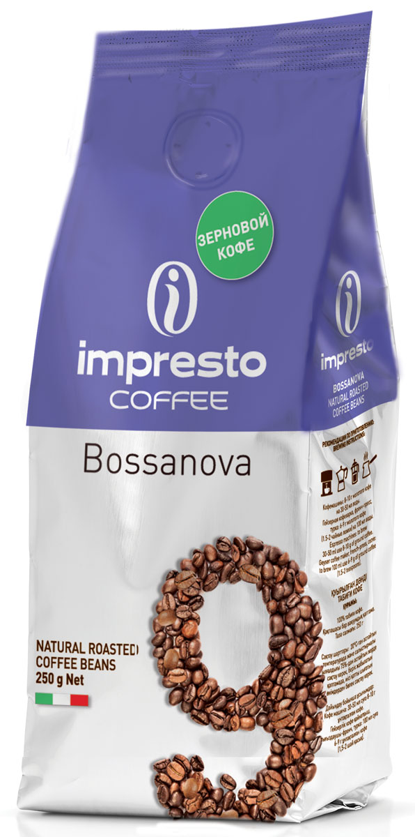 Impresto Bossanova кофе в зернах, 250 гCIMPCH-000024 Impresto Bossanova кофе в зернах, 250 гCIMPCH-000024Impresto Bossanova - итальянский купаж арабики и робусты, который отличается приятным ароматом, ореховым послевкусием и стабильной плотностью крема. Купаж изготовлен из отборных зерен с лучших кофейных плантаций мира. Зерна обжарены в лучших итальянских традициях.