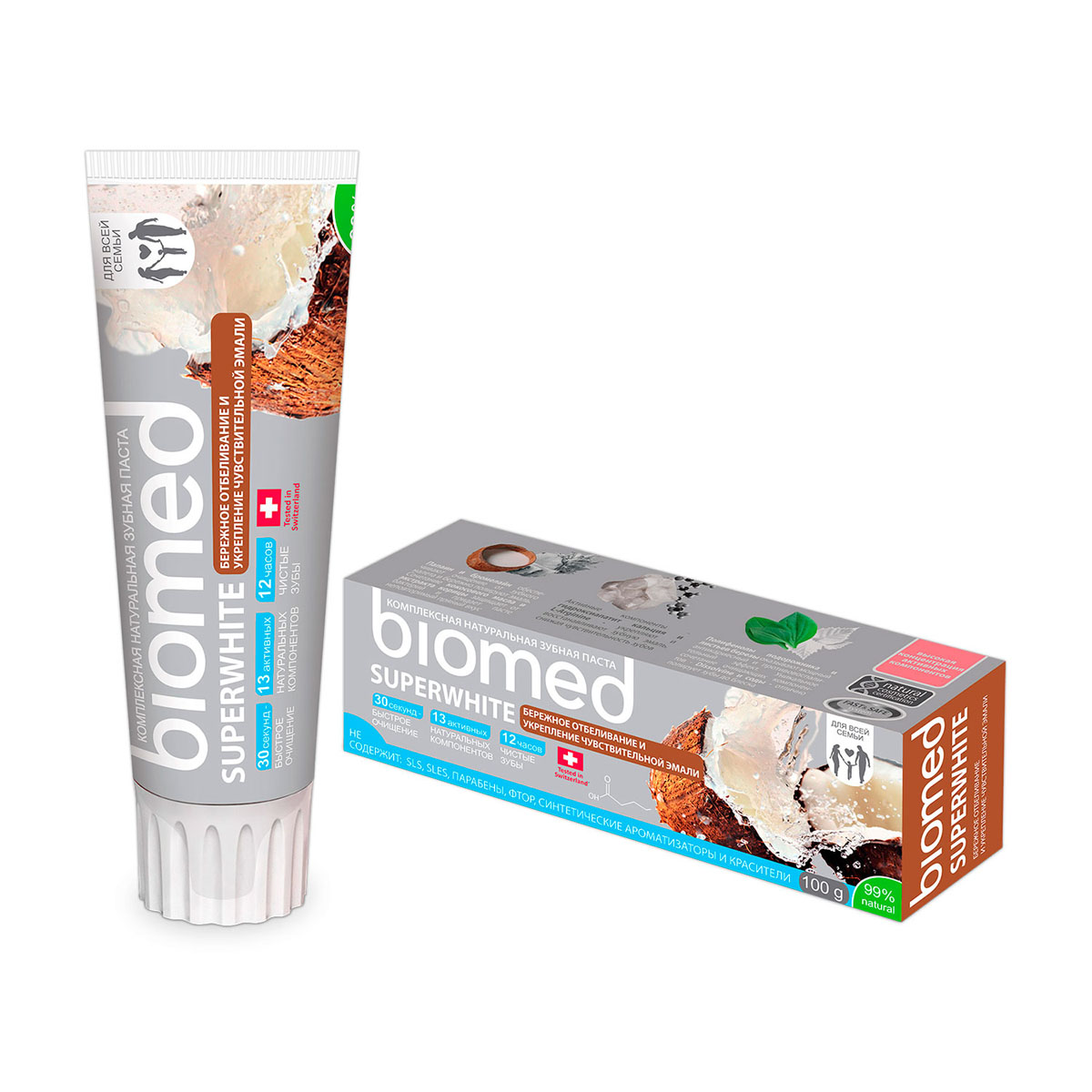 Biomed Зубная паста Superwhite / Супервайт, 100 гСУ-192 Biomed Зубная паста Superwhite / Супервайт, 100 гСУ-192Бережное отбеливание и укрепление чувствительной эмали с маслом кокоса. Особенности состава: Не содержит: SLS, фтор, хим. отбеливающие компоненты, синтетические ароматизаторы, красители и продукты животного происхождения..