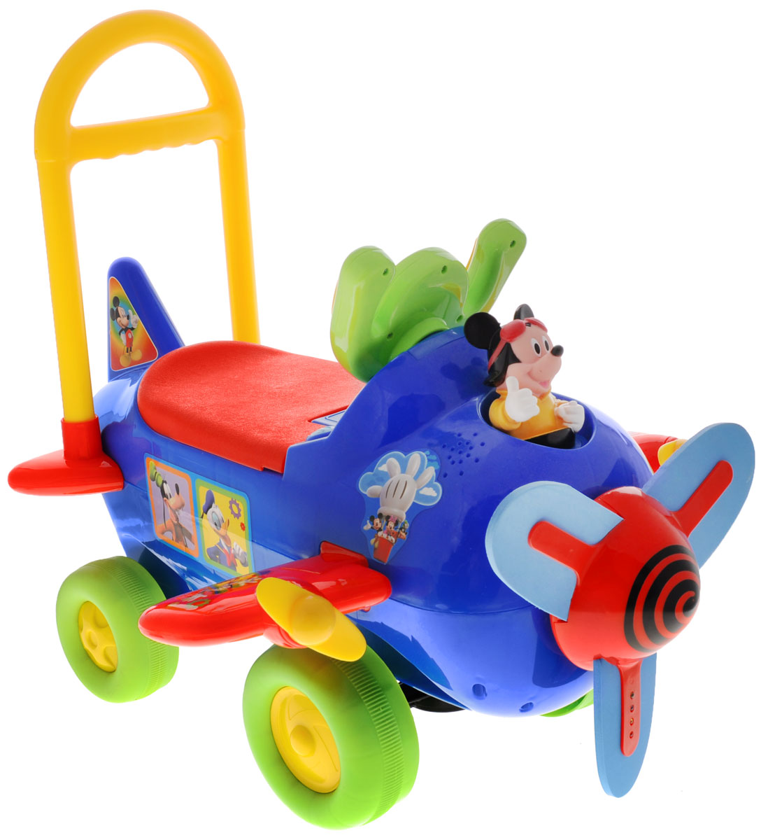 Kiddieland Каталка Самолет Микки Маус цвет синийKID 042614_синий Kiddieland Каталка Самолет Микки Маус цвет синийKID 042614_синийКаталка Kiddieland Самолет Микки Маус станет замечательным транспортным средством для ребенка от 1 года. Игрушка выполнена в виде самолета и дополнена фигуркой Микки Мауса. Изготовлена каталка из прочного яркого материала. На капоте - пропеллер, который умеет быстро крутиться. Он изготовлен из мягкого полимерного материала. Руль этой каталки выполнен в форме штурвала самолета. По бокам имеются крылья с маленькими пропеллерами (крылья можно поднять в вертикальное положение, чтобы не мешались), а сзади - небольшой хвост. На штурвале находятся две кнопки - при нажатии на них играет музыка, крутится пропеллер, при этом на нем загораются лампочки. Если нажать на кнопку с изображением ключа, то пропеллер будет крутиться беззвучно. Для того чтобы покататься, ребенку достаточно просто сесть на сиденье и, отталкиваясь ногами, катиться вперед. Помимо игровых функций игрушка развивает мышцы ног, вестибулярный аппарат, координацию движений. Ваш ребенок будет в восторге от...