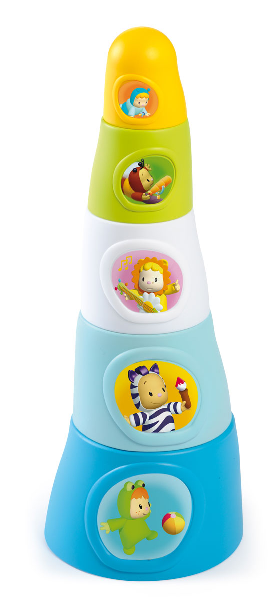 Smoby Пирамидка Happy Tower211322 Smoby Пирамидка Happy Tower211322Замечательная яркая пирамидка Happy Tower непременно привлечет внимание малыша. Пирамидка состоит из 5 элементов разных цветов, на каждом элементе есть герой Cotoons. Все элементы можно сложить в основание башни. Играя в пирамидку, малыш развивает понимание форм, различие цветов, понимание последовательности действий.
