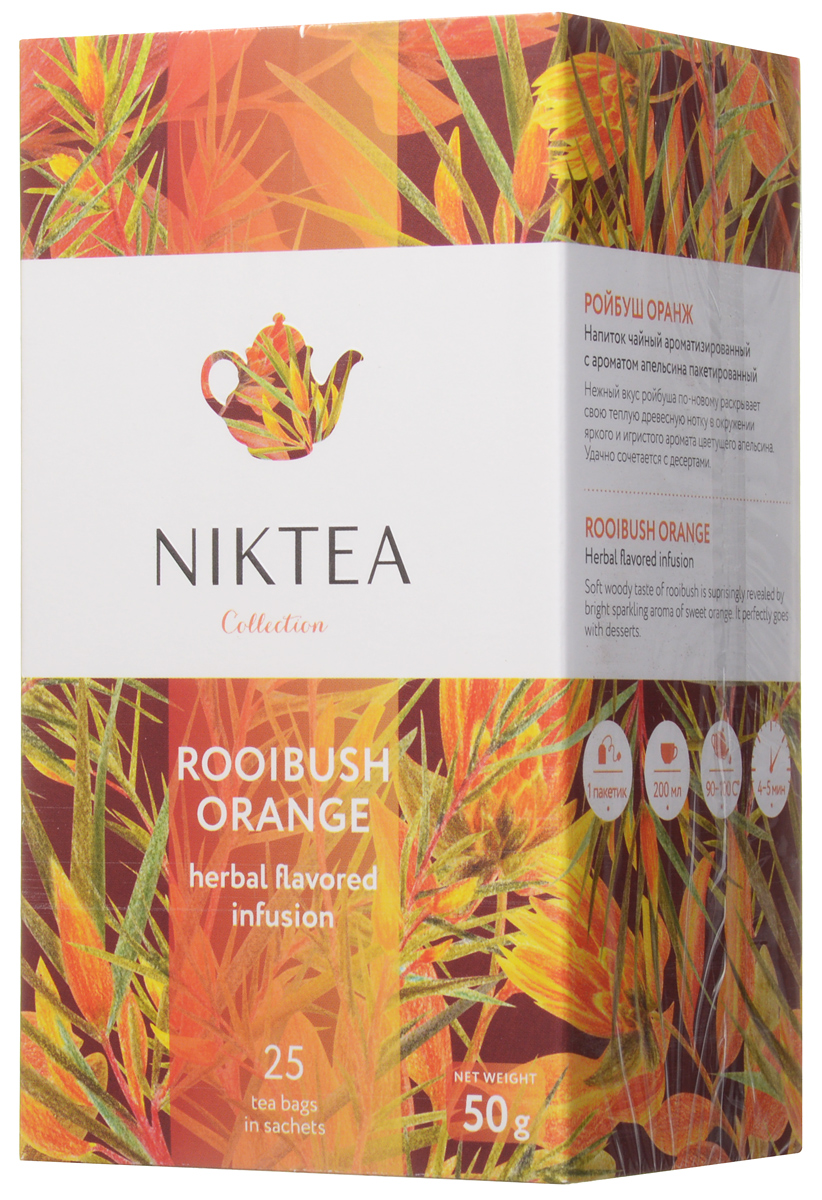 Niktea Rooibush Orange чай травяной в пакетиках, 25 штTALTHA-DP0039 Niktea Rooibush Orange чай травяной в пакетиках, 25 штTALTHA-DP0039В чае Niktea Rooibush Orange нежный вкус ройбуша по-новому раскрывает свою теплую древесную нотку в окружении яркого и игристого аромата цветущего апельсина. Удачно сочетается с десертами. Коллекция NikTea разработана командой экспертов, имеющих богатый опыт в чайной индустрии. Во время ее создания выбирались самые надежные поставщики из Европы и стран происхождения чая, а в линейку включили не только топовые аутентичные позиции, но и новые интересные рецептуры в традициях современной чайной миксологии. NikTea - это действительно качественный чай. Для истинных ценителей мы предлагаем безупречное качество: отборное сырье, фасовку на высокотехнологичном производственном комплексе в России, постоянный педантичный контроль готового продукта, а также сертификацию сырья по международным стандартам. NikTea - это разнообразие. В линейках листового и пакетированного чая представлены все основные группы вкусов - от классического черного и зеленого...