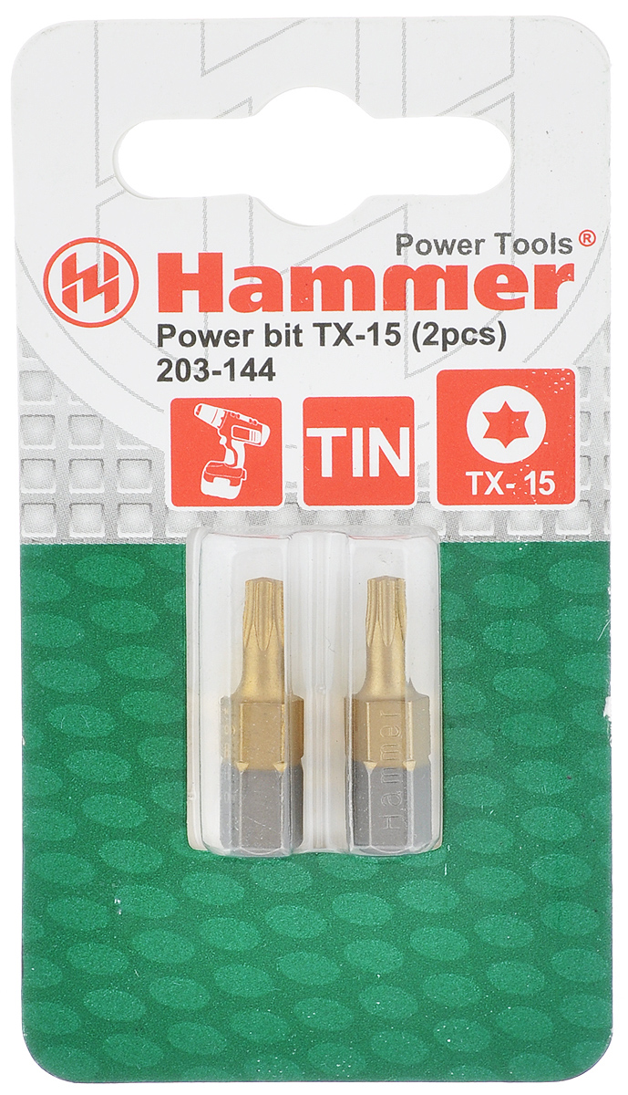 Бита Hammer, TX-15 x 25 мм, 2 шт30733 Бита Hammer, TX-15 x 25 мм, 2 шт30733Кованные биты Hammer изготовлены из хромомолибденовой стали S2 твердостью HRC52-53. Предназначены для монтажа/демонтажа резьбовых соединений. Технология ковки обеспечивает высокую износостойкость бит. Покрытие нитридом титана TIN придает дополнительную прочность, увеличивает ресурс бит и защищает от коррозии. Длина бит: 25 мм.