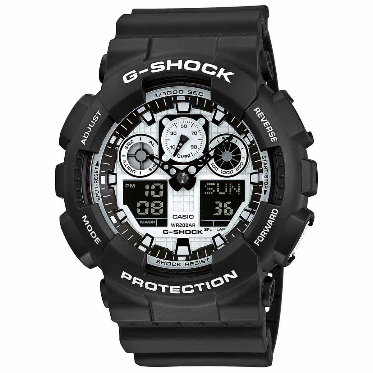 ���� �������� ������� Casio G-Shock, ����: ������, �����. GA-100BW-1A - CasioGA-100BW-1A������������������� ������� ���� Casio G-Shock, ��������� �� ������������ ������, �������������� ������ � ����������� ���������. ������ ����� �������� ���������� ������. ���� �������� ������������ �������� � ����������-������������ ����������, ����� ������� ����������� ������ 20 atm, � ����� ��������� ���������� � ��������� ����������� �������. ������� ����� ������� ���������-�������, ������� �������� � ��������� ������� � �������� �������. ������ ����� �������� ������ ������������ ����������. �������������� �������: ������, ���������, ������� ������� ����������, ����������, ������� �������� �������, �������������� ���������, ����������� ������� � 12-������� ��� 24-������� �������. ���� ������������ � ��������� ��������. ������������������� ���� Casio G-Shock ���������� �������� ������� ����� ������ ����������.