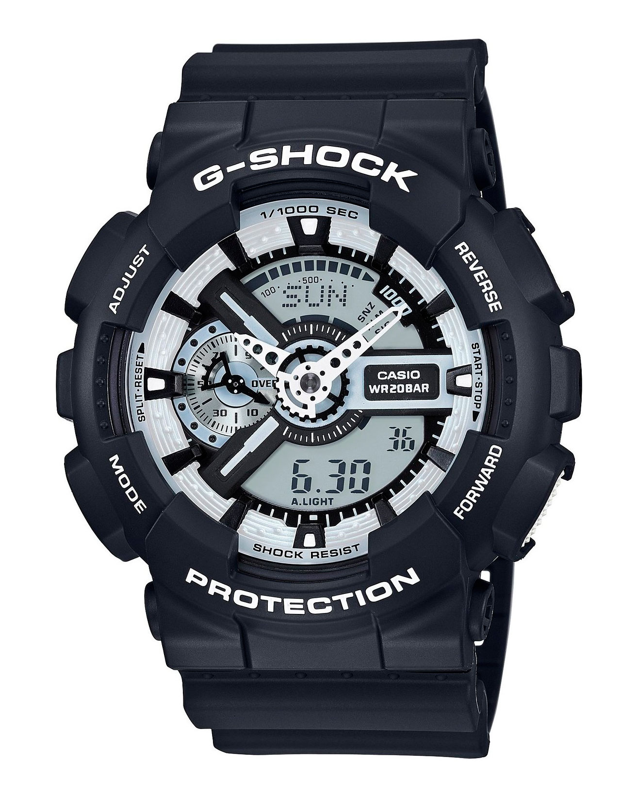 Часы наручные мужские Casio G-Shock, цвет: черный, белый. GA-110BW-1AGA-110BW-1A Часы наручные мужские Casio G-Shock, цвет: черный, белый. GA-110BW-1AGA-110BW-1AМногофункциональные мужские часы Casio G-Shock, выполнены из минерального стекла, металлического сплава и полимерного материала. Корпус часов оформлен символикой бренда. Часы оснащены ударопрочным корпусом с электронно-механическим механизмом, имеют степень влагозащиты равную 20 atm, а также дополнены устойчивым к царапинам минеральным стеклом. Браслет часов оснащен застежкой-пряжкой, которая позволит с легкостью снимать и надевать изделие. Корпус часов дополнен мощной светодиодной подсветкой. Дополнительные функции: таймер, будильник, функция повтора будильника, секундомер, функция мирового времени, автоматический календарь, отображение времени в 12-часовом или 24-часовом формате, функция отображения средней скорости пройденного маршрута. Часы поставляются в фирменной упаковке. Многофункциональные часы Casio G-Shock подчеркнут отменное чувство стиля своего обладателя.