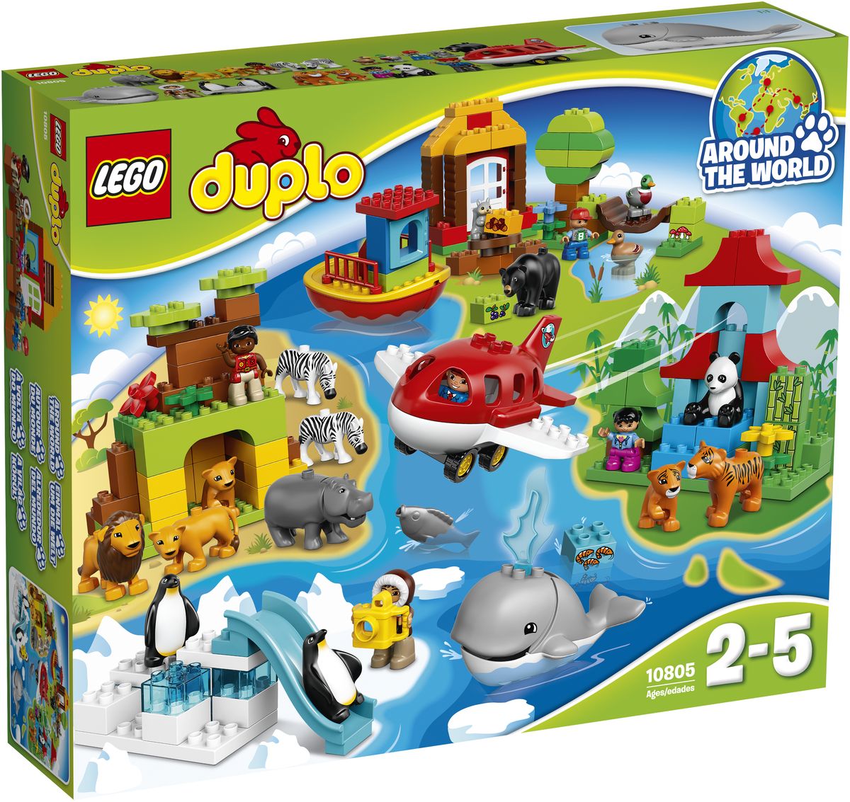 LEGO DUPLO Конструктор Вокруг света 1080510805 LEGO DUPLO Конструктор Вокруг света 1080510805Конструктор LEGO DUPLO Вокруг света приведет в восторг любого ребенка, ведь все дети обожают знаменитые конструкторы LEGO. Конструктор содержит 163 пластиковых элемента. Набор Вокруг света от LEGO DUPLO познакомит вас с миром диких животных! Маленькие исследователи могут путешествовать, добираясь от одного места до другого на лодке или самолете, чтобы узнать о различных животных и их естественной среде обитания. В набор входят 5 фигурок LEGO DUPLO, а также 17 животных со всего мира, в том числе кит с открывающейся пастью, веселое семейство львов, тигры, панда и забавные пингвины! С яркими цветными кубиками LEGO DUPLO, разработанными специально для начинающих строителей, так легко собрать свою историю. Все элементы набора выполнены из безопасного пластика и имеют увеличенные размеры, специально для маленьких детских пальчиков. Игры с конструкторами помогут ребенку развить воображение, внимательность, пространственное мышление и творческие...