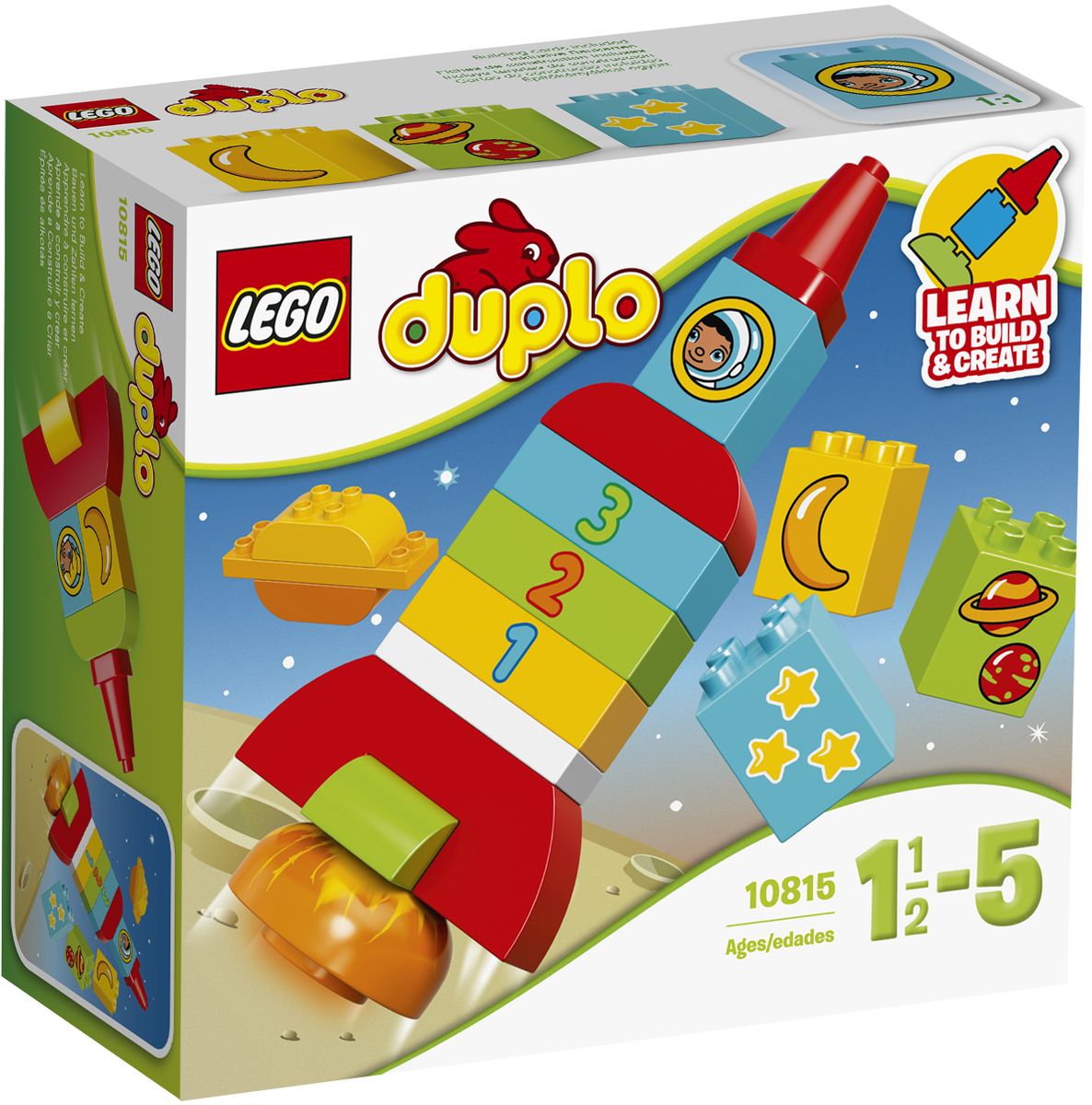 LEGO DUPLO Конструктор Моя первая ракета 1081510815 LEGO DUPLO Конструктор Моя первая ракета 1081510815Конструктор LEGO DUPLO Моя первая ракета приведет в восторг любого ребенка, ведь все дети обожают знаменитые конструкторы LEGO. Конструктор содержит 18 пластиковых элементов. Учитесь создавать и строить из больших кубиков LEGO DUPLO на примере красочной ракеты и планеты - в набор входят три строительные карты, которые можно использовать в качестве примера. Поощряйте ролевые игры и помогите ребёнку развить базовые навыки счета, сопоставляя кубики, украшенные луной, 2 планетами и 3 звездами с соответствующими кубиками с цифрами. С яркими цветными кубиками LEGO DUPLO, разработанными специально для начинающих строителей, так легко собрать свою историю. Все элементы набора выполнены из безопасного пластика и имеют увеличенные размеры, специально для маленьких детских пальчиков. Игры с конструкторами помогут ребенку развить воображение, внимательность, пространственное мышление и творческие способности. Такой конструктор надолго займет внимание малыша и...