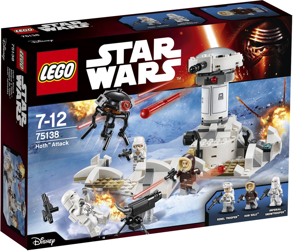 LEGO Star Wars Конструктор Нападение на Хот 7513875138 LEGO Star Wars Конструктор Нападение на Хот 7513875138Имперские силы обнаружили местонахождение тайной базы повстанцев и атакуют. Поверни башню, закрой люк и стреляй из пушки. Ищи снежного штурмовика, стреляющего из бластера, и уничтожь имперский дроид-разведчик, прежде чем тот подберется слишком близко. Сможешь ли ты помочь Хану Соло и повстанцам остановить захват базы? Только ты можешь это решить! Конструктор LEGO Star Wars Нападение на Хот - это один из самых увлекательнейших и веселых способов времяпрепровождения. Ребенок сможет часами играть с конструктором, придумывая различные ситуации и истории. В набор также входят 3 мини-фигурки: имперского штурмовика, солдата Сопротивления и Хана Соло. В процессе игры с конструкторами LEGO дети приобретают и постигают такие необходимые навыки как познание, творчество, воображение. Обычные наблюдения за детьми показывают, что единственное, чему они с удовольствием посвящают время, - это игры. Игра - это состояние души, это веселый опыт познания реальности. Играя, дети...