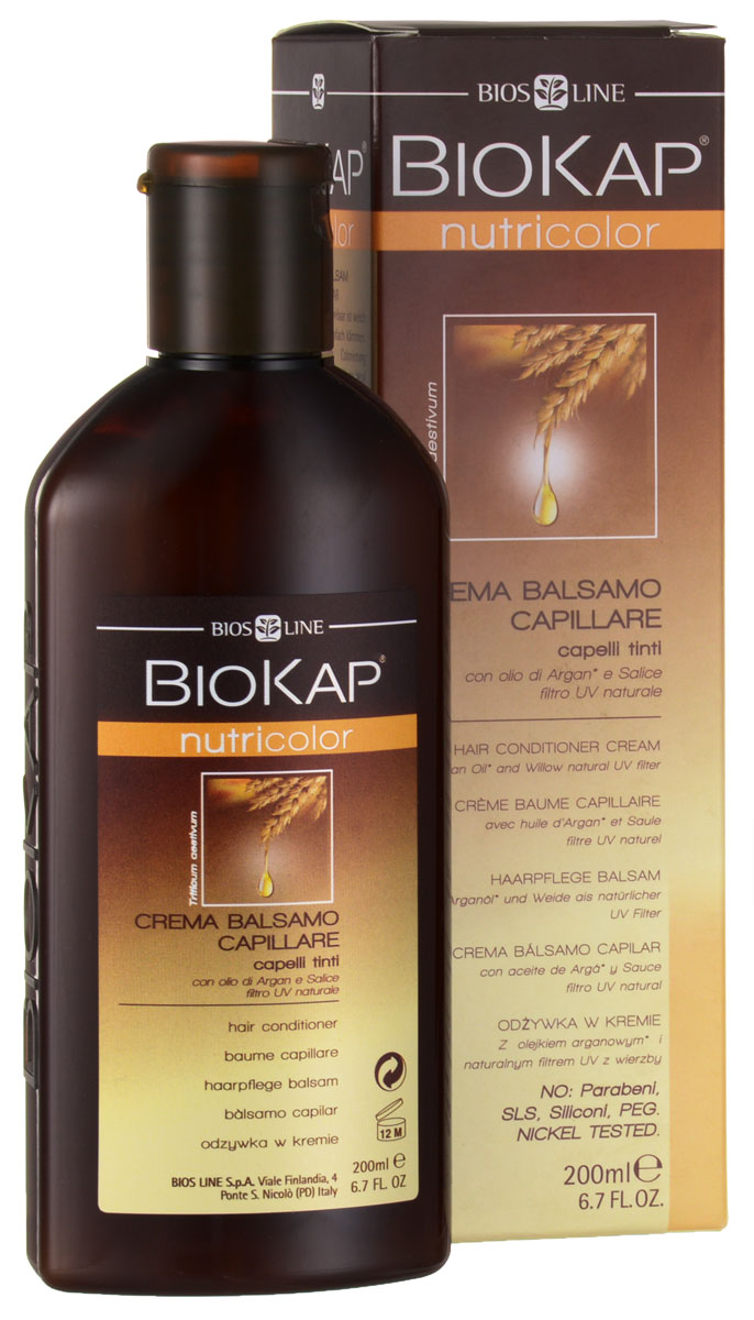 BioKap Бальзам-кондиционер для окрашенных волос, восстанавлиявающий, 200 млNB011 BioKap Бальзам-кондиционер для окрашенных волос, восстанавлиявающий, 200 млNB011Бальзам-кондиционер от BioKap - специальное средство по уходу за окрашенными, осветленными волосами, а так же для волос после химической завивки. Питает, увлажняет, смягчает и защищает волосы, надолго сохраняет цвет. Обладает антистатическим действием, восстанавливает структуру и силу волос, облегчает расчесывание, предупреждает иссечение кончиков. Идеальное средство для ослабленных и тонких волос. Протестировано на никель ( Проверено дерматологами. Товар сертифицирован.