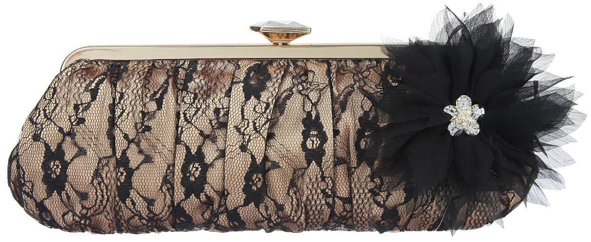 Клатч Fabretti, цвет: золотой, черный. WL8865WL8865-gold Клатч Fabretti, цвет: золотой, черный. WL8865WL8865-goldЭлегантный вечерний клатч Fabretti выполнен из полиэстера. Клатч оформлен кружевом и оригинальным цветком из полиэстера, который дополнен стразами. Изделие содержит одно отделение, закрывается на рамочный замок, дополненный граненым кристаллом. Клатч оснащен укороченным наплечным ремнем-цепочкой. Клатч Fabretti прекрасно завершит ваш праздничный образ.