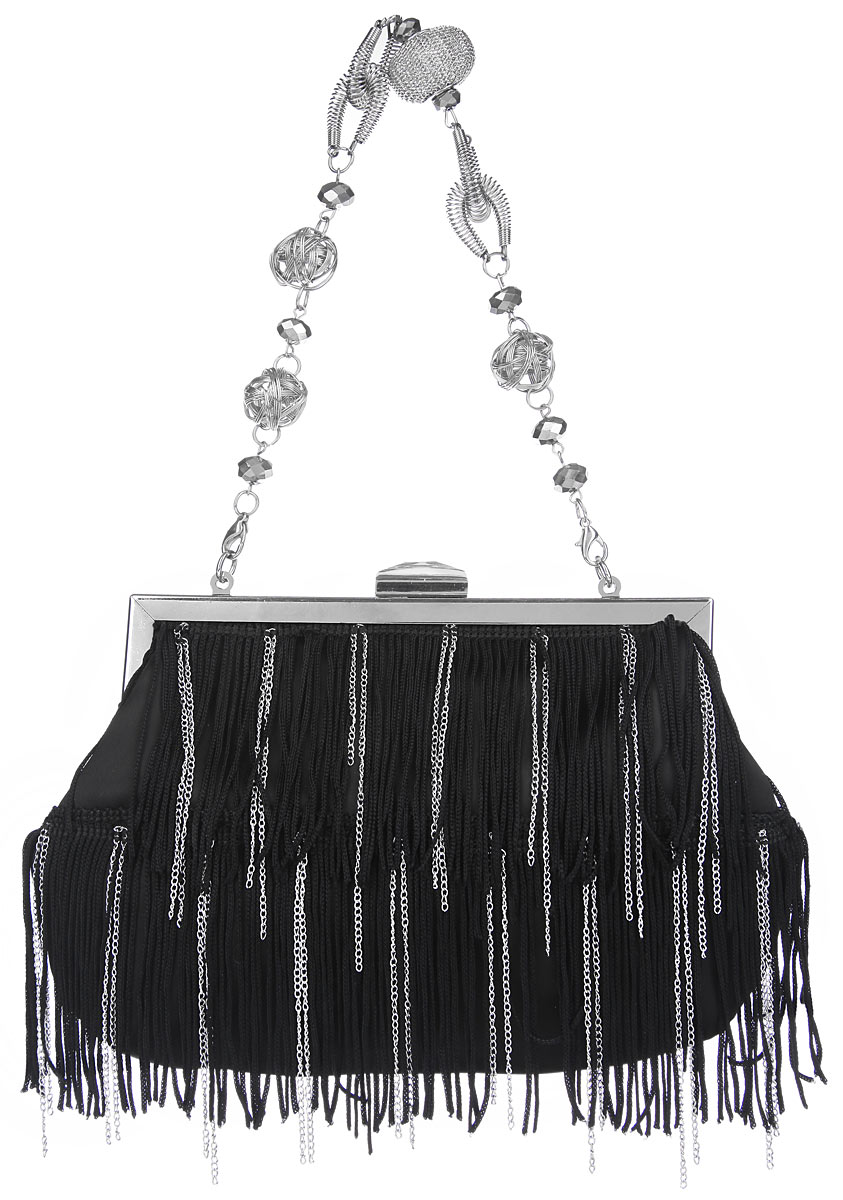 Клатч Fabretti, цвет: черный. WL8922-2WL8922-2-black Клатч Fabretti, цвет: черный. WL8922-2WL8922-2-blackЭлегантный вечерний клатч Fabretti выполнен из полиэстера. Лицевая сторона клатча оформлена длиной бахромой. Изделие содержит одно отделение и закрывается на рамочный замок, который оформлен граненым кристаллом. Внутри расположен накладной карман. Клатч оснащен оригинальной ручкой на запястье, которая состоит из ганеных бусин и причудливых элементов, выполненных из стали. Клатч Fabretti прекрасно завершит ваш праздничный образ.