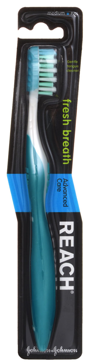 Reach Зубная щетка Fresh Breath, средней жесткости, цвет: бирюзовый3058561_бирюзовый Reach Зубная щетка Fresh Breath, средней жесткости, цвет: бирюзовый3058561_бирюзовыйЗубная щетка Reach Fresh Breath с разноуровневой средней жесткости щетиной и нежным очистителем для языка обеспечивает эффективную чистку межзубных пространств и дальних зубов от бактерий. Ручка щетки имеет для большого пальца упор, предназначенный для большего удобства, и рельефный выступ для большего контроля. Ручка из полипропилена. Щетка из нейлоновых волокон. Товар сертифицирован.