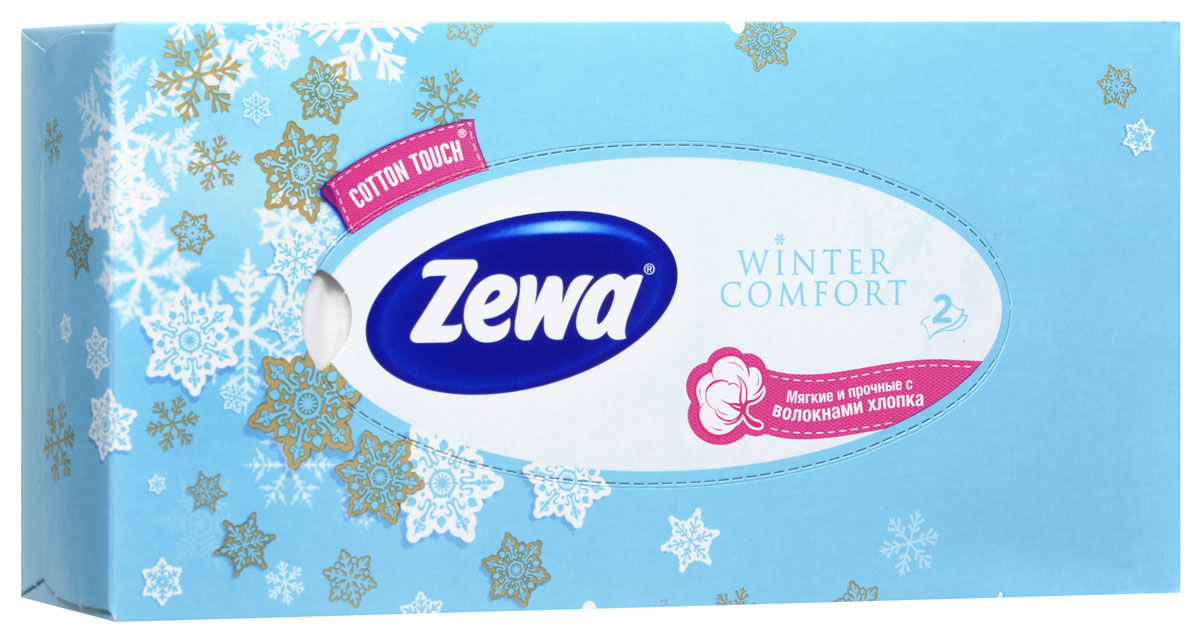 Zewa Платки косметические в коробке Winter comfort, двухслойные, цвет: голубой, 100 шт02.03.05.6286_голубой Zewa Платки косметические в коробке Winter comfort, двухслойные, цвет: голубой, 100 шт02.03.05.6286_голубойМягкие двухслойные гигиенические салфетки Zewa Winter comfort изготовлены из 100% целлюлозы и волокон. Обладают большой впитывающей способностью. Не вызывают аллергии, не раздражают чувствительную кожу. Просты и удобны в использовании. Товар сертифицирован.