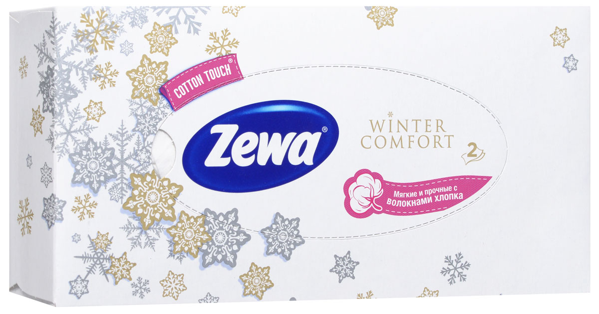 Zewa Платки косметические в коробке Winter comfort, двухслойные, цвет: белый, 100 шт02.03.05.6286_белый Zewa Платки косметические в коробке Winter comfort, двухслойные, цвет: белый, 100 шт02.03.05.6286_белыйМягкие двухслойные гигиенические салфетки Zewa Winter comfort изготовлены из 100% целлюлозы и волокон хлопка. Обладают большой впитывающей способностью. Не вызывают аллергии, не раздражают чувствительную кожу. Просты и удобны в использовании. Товар сертифицирован.