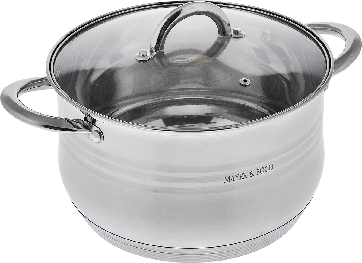 Кастрюля Mayer & Boch с крышкой, 6,3 л. 2403324033 Кастрюля Mayer & Boch с крышкой, 6,3 л. 2403324033Кастрюля Mayer & Boch изготовлена из высококачественной нержавеющей стали с термоаккумулирующим дном. Нержавеющая сталь обладает высокой устойчивостью к коррозии, не вступает в реакцию с холодными и горячими продуктами и полностью сохраняет их вкусовые качества. Особая конструкция дна способствует высокой теплопроводности и равномерному распределению тепла. Материал удерживает тепло по всей поверхности изделия, благодаря чему пища равномерно и быстро нагревается. Посуда идеальна для приготовления здоровой пищи с минимальным количеством жира, что обеспечивает снижение потери полезных витаминов, минеральных веществ и сохраняет аромат приготовленных блюд. Посуда очень удобна в использовании, практична и элегантна. Крышка выполнена из термостойкого стекла, имеет металлический ободок и отверстие для выпуска пара, стекло позволит наблюдать за процессом приготовления пищи. Подходит для всех типов плит, включая индукционные. Можно мыть в посудомоечной машине....